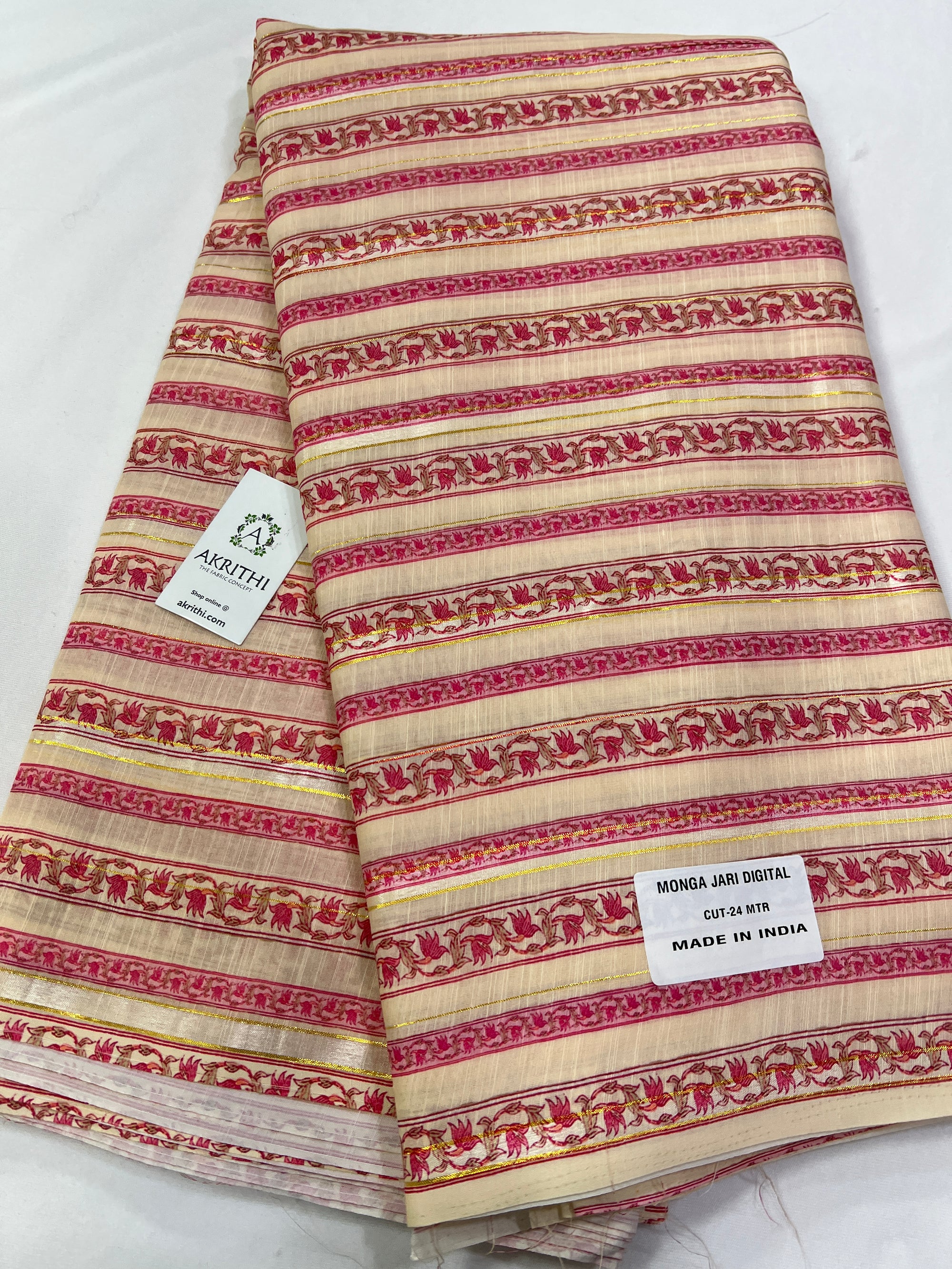 Digital printed munga cotton fabric with Zari lines