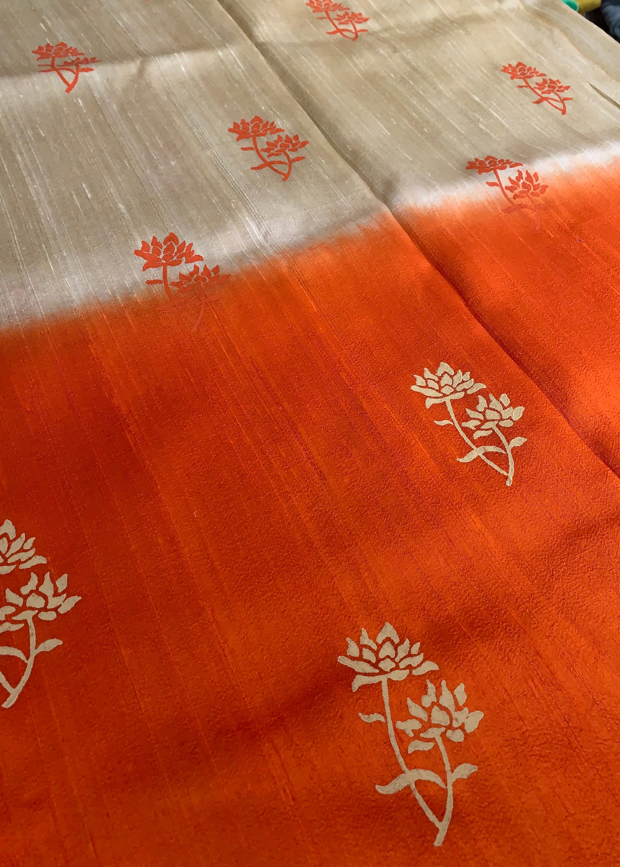 Dupion pure raw silk saree with block print