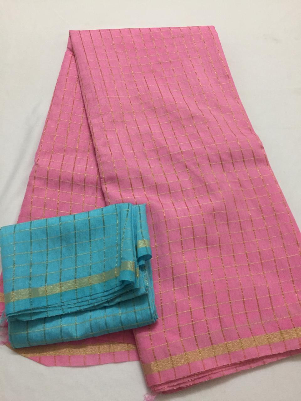 Silk zari checks saree with contrast blouse