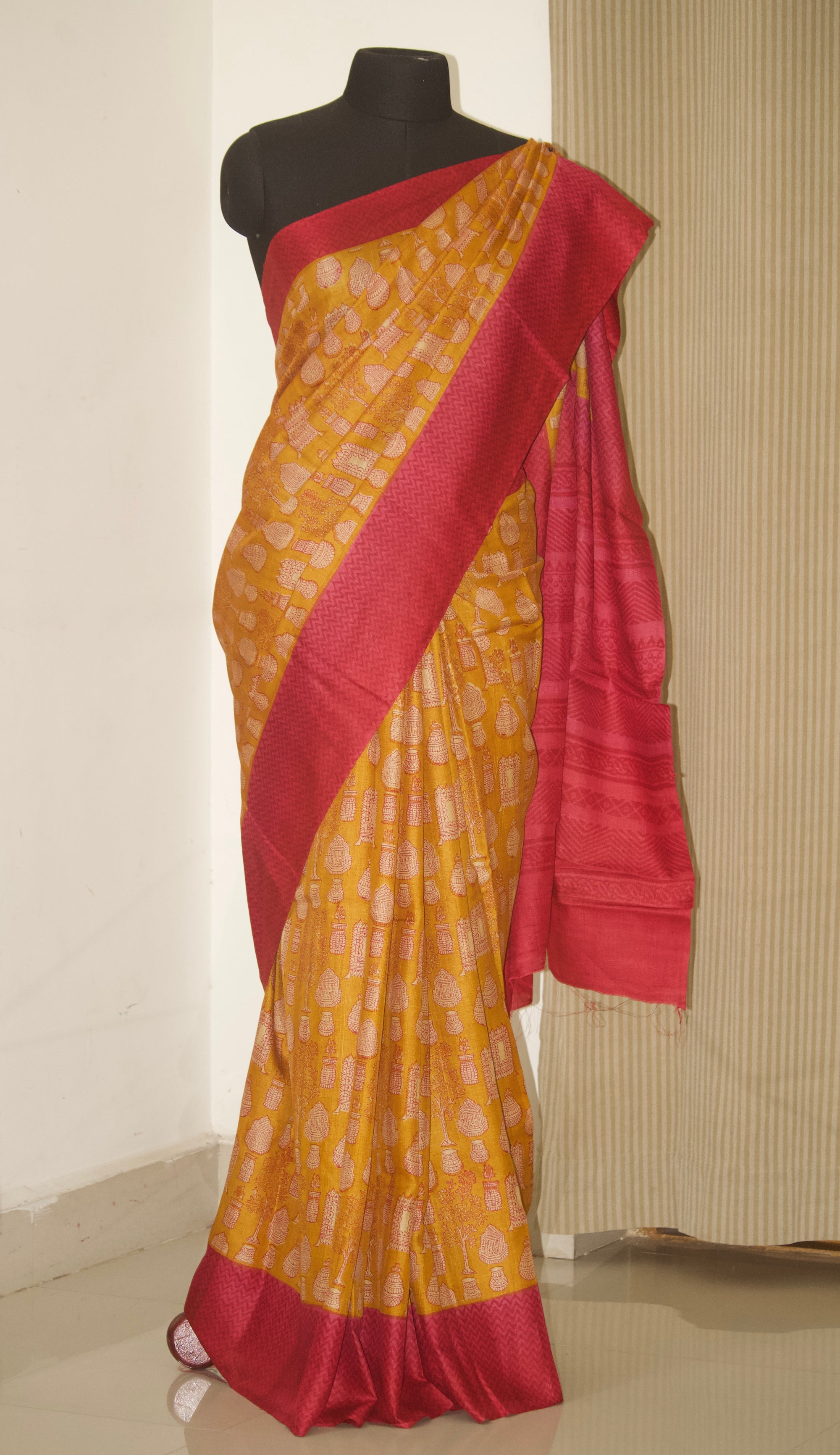 Handloom block printed Pure tussar silk saree