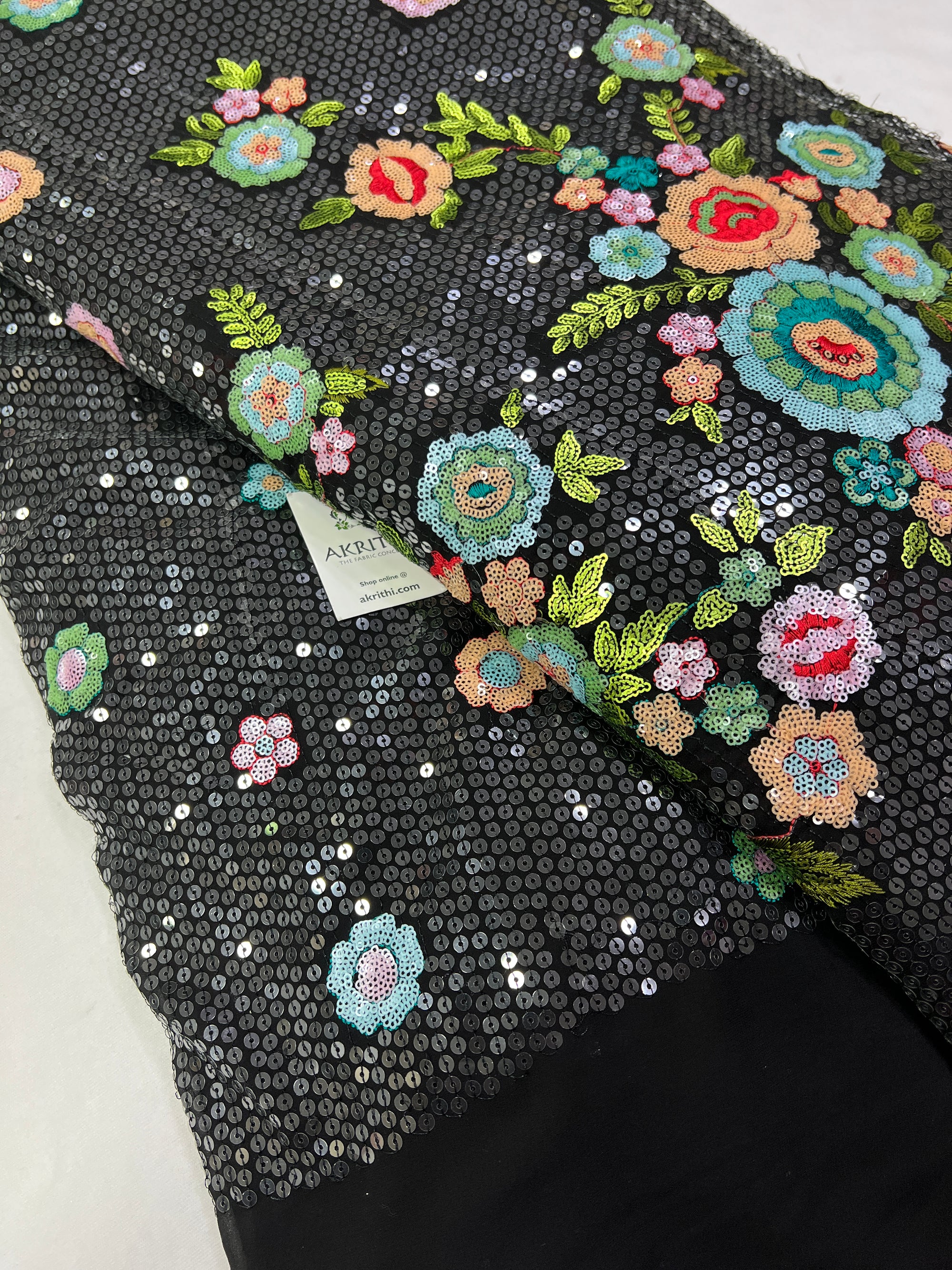 Multi colour sequin Embroidery on black Georgette fabric