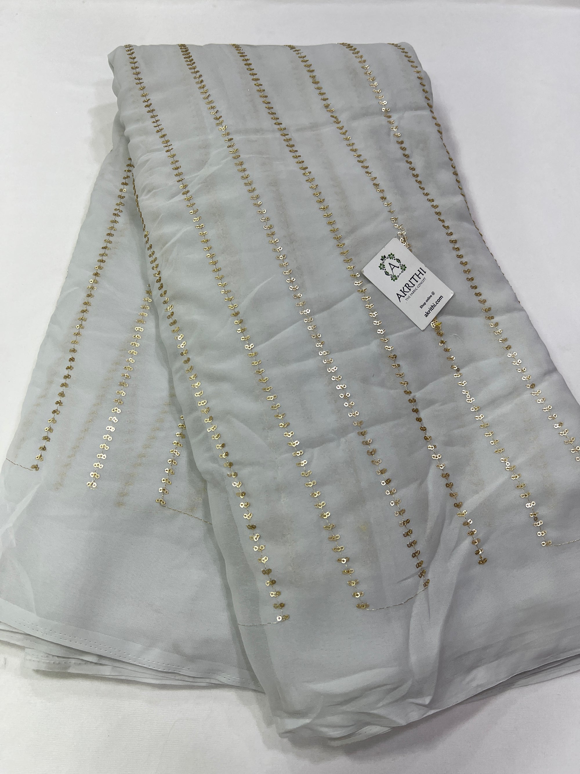 Embroidery on Light grey Georgette fabric 60 CM CUT