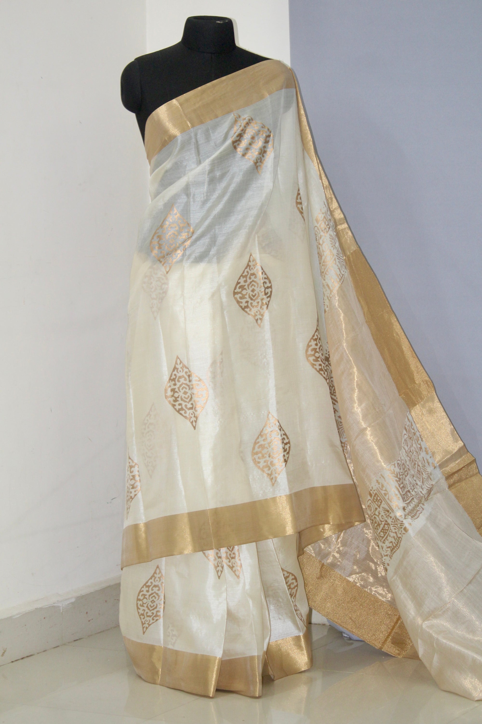 Pure Tussar silk saree with block print