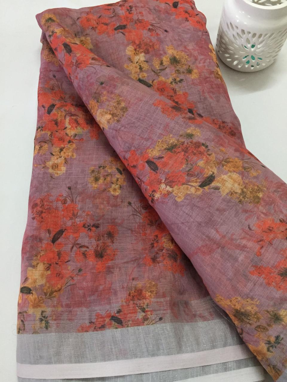 Printed Linen fabric with zari border
