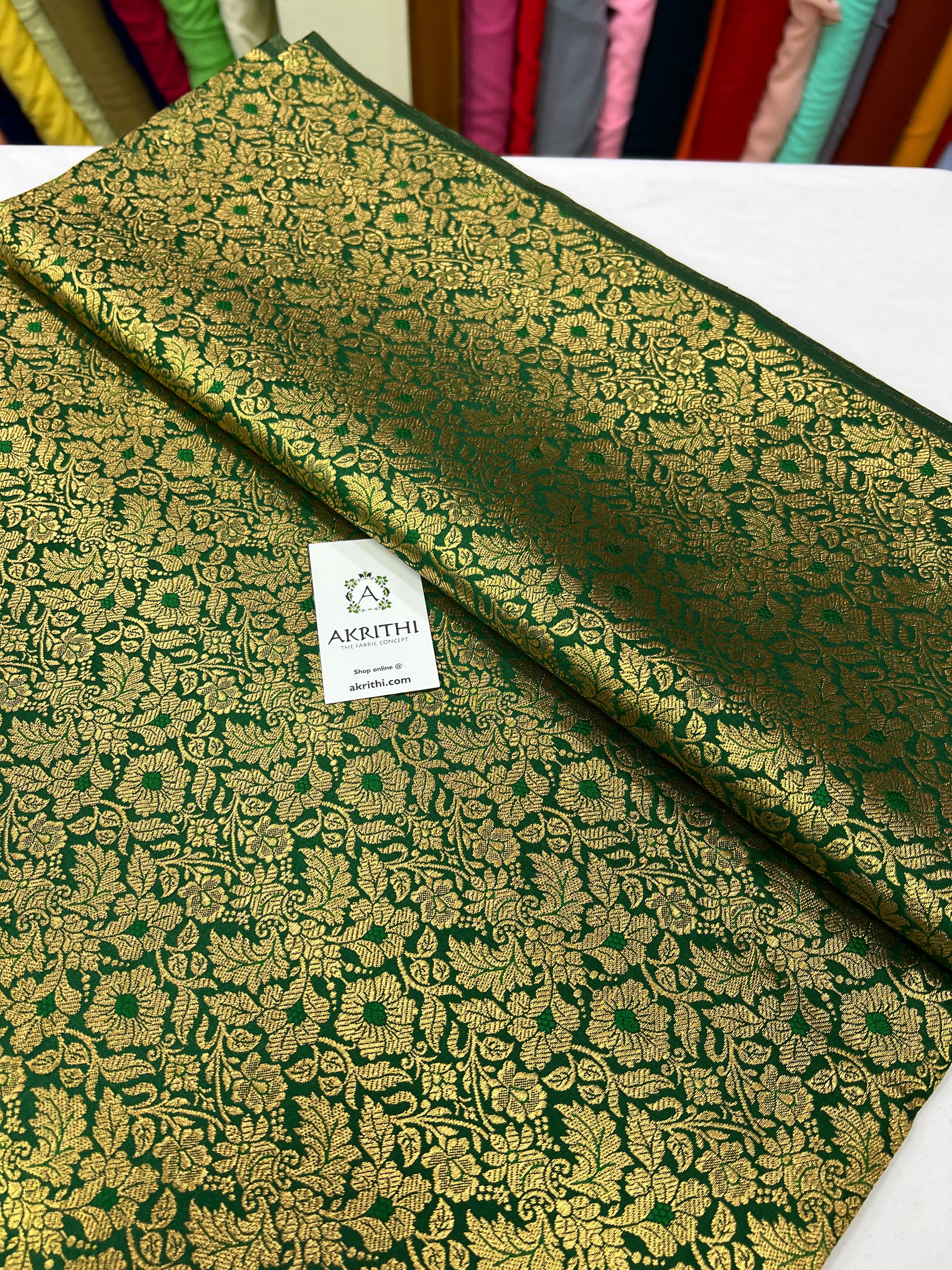 Handloom Banarasi brocade fabric green colour