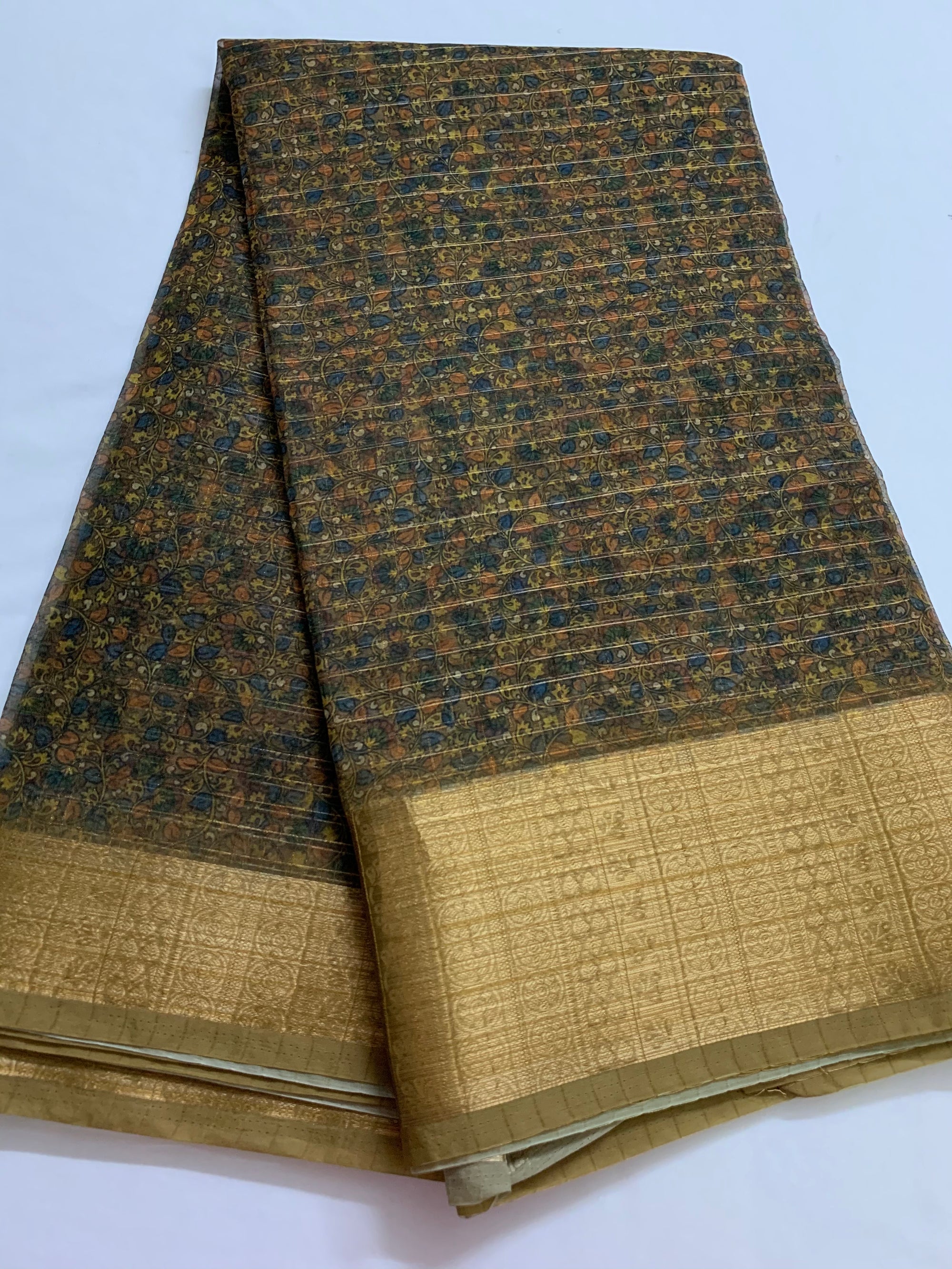 Printed organza with border and zari checks