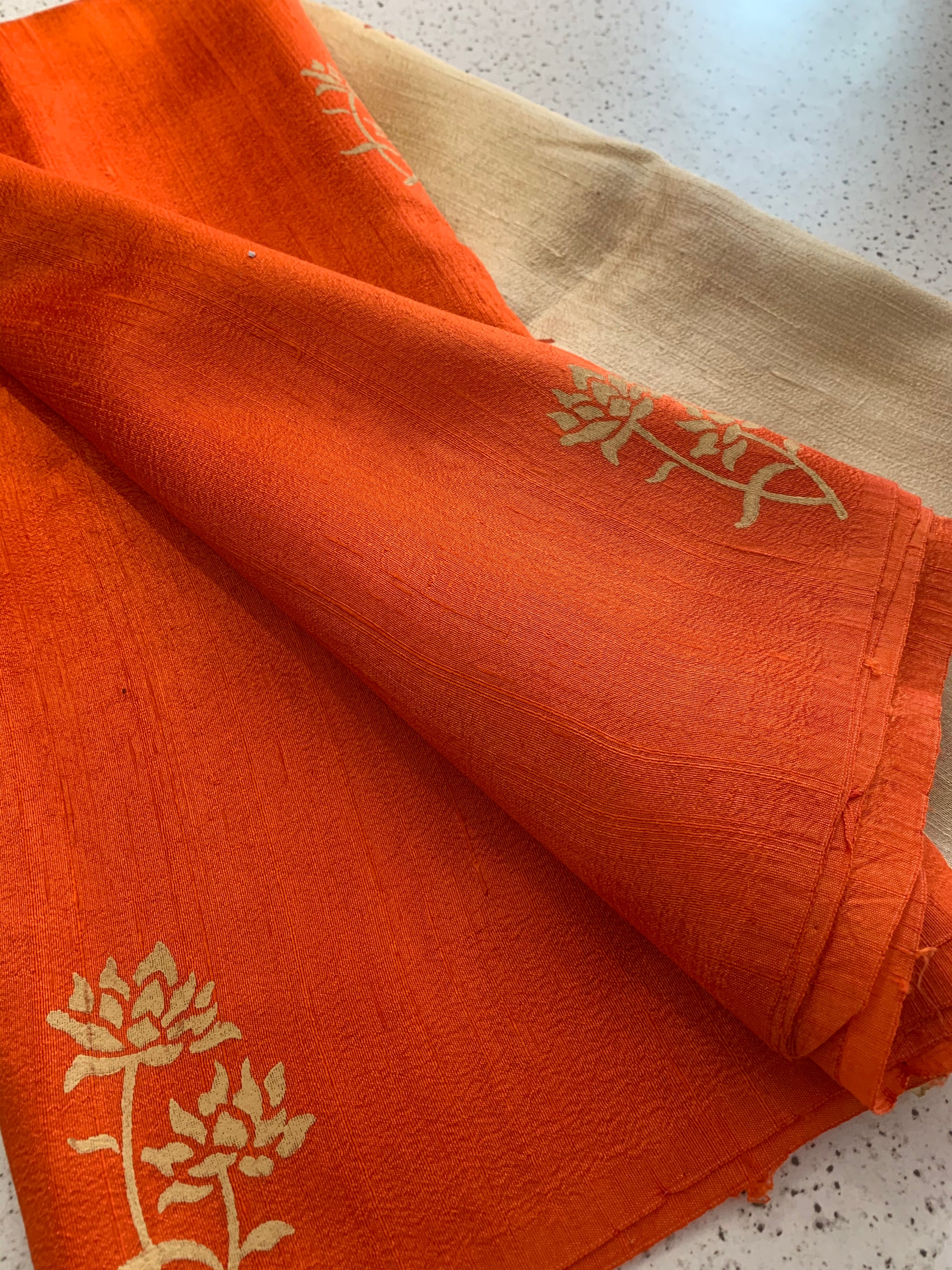 Dupion pure raw silk saree with block print