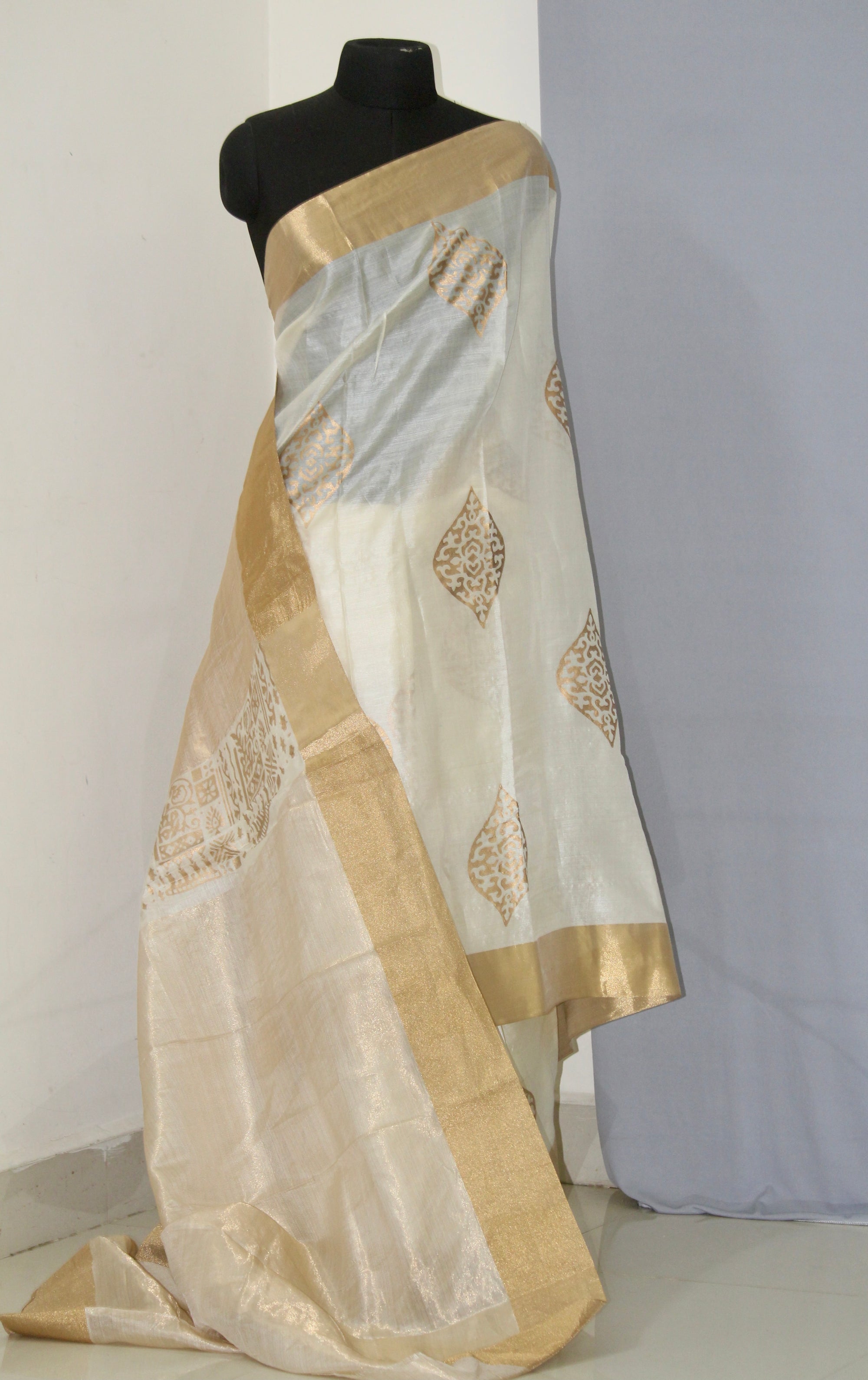 Pure Tussar silk saree with block print