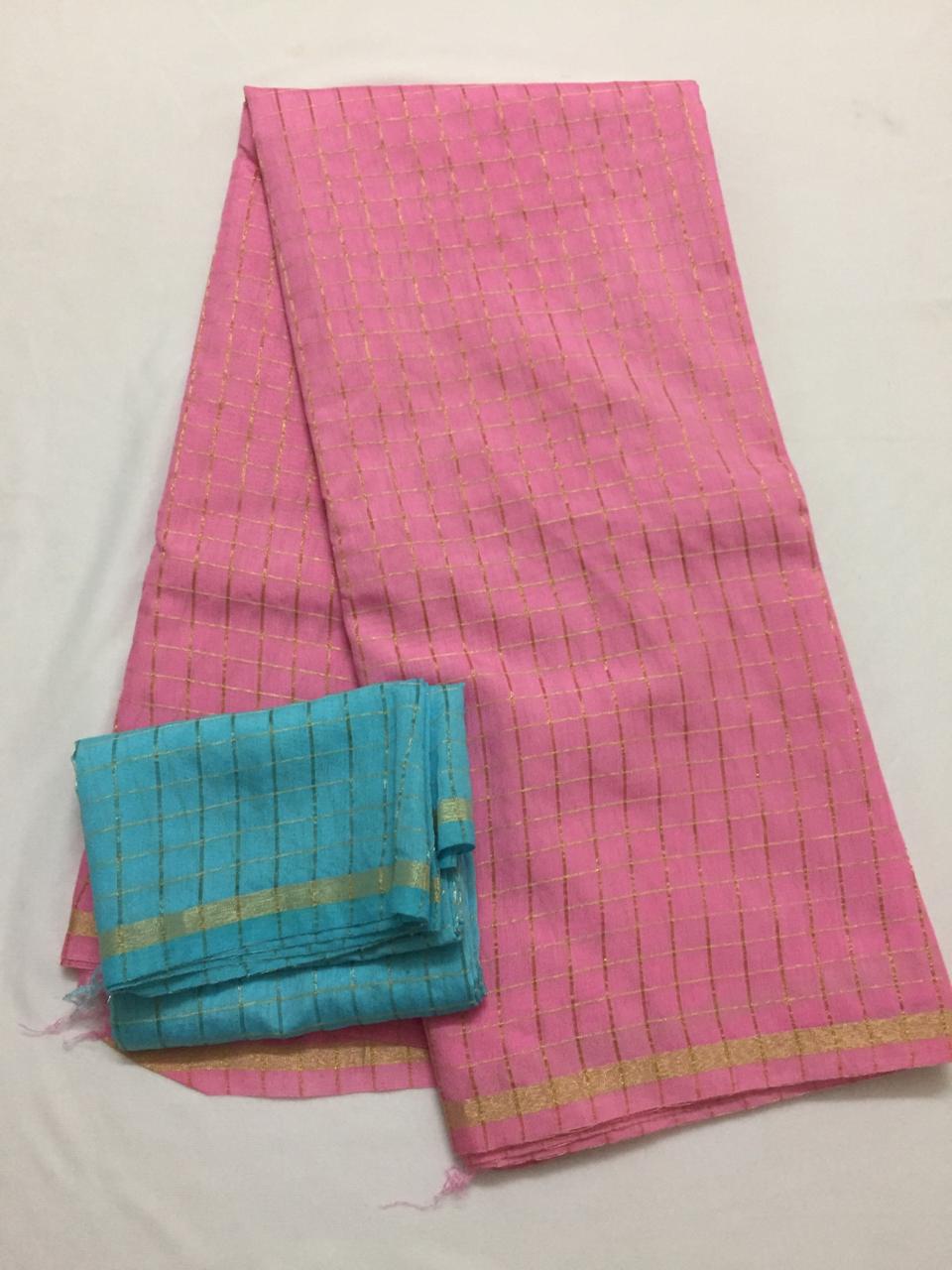 Silk zari checks saree with contrast blouse