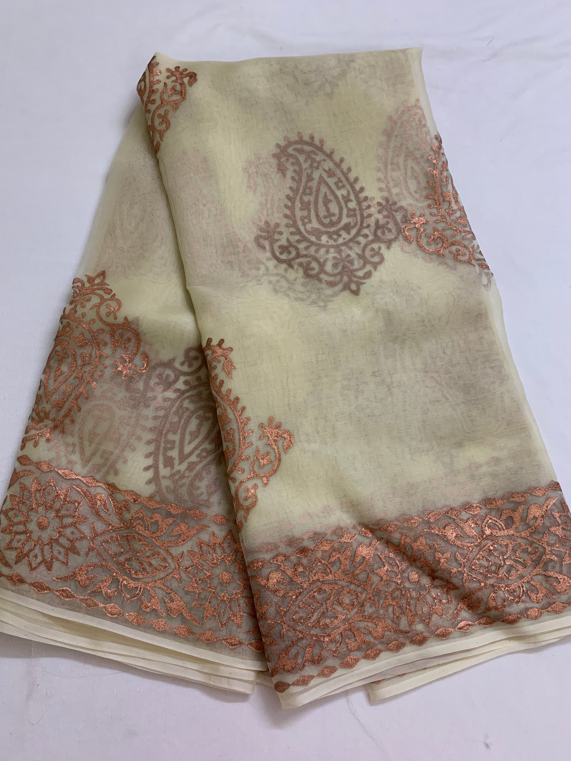 BLOCK PRINTED PURE SILK ORGANZA SAREE