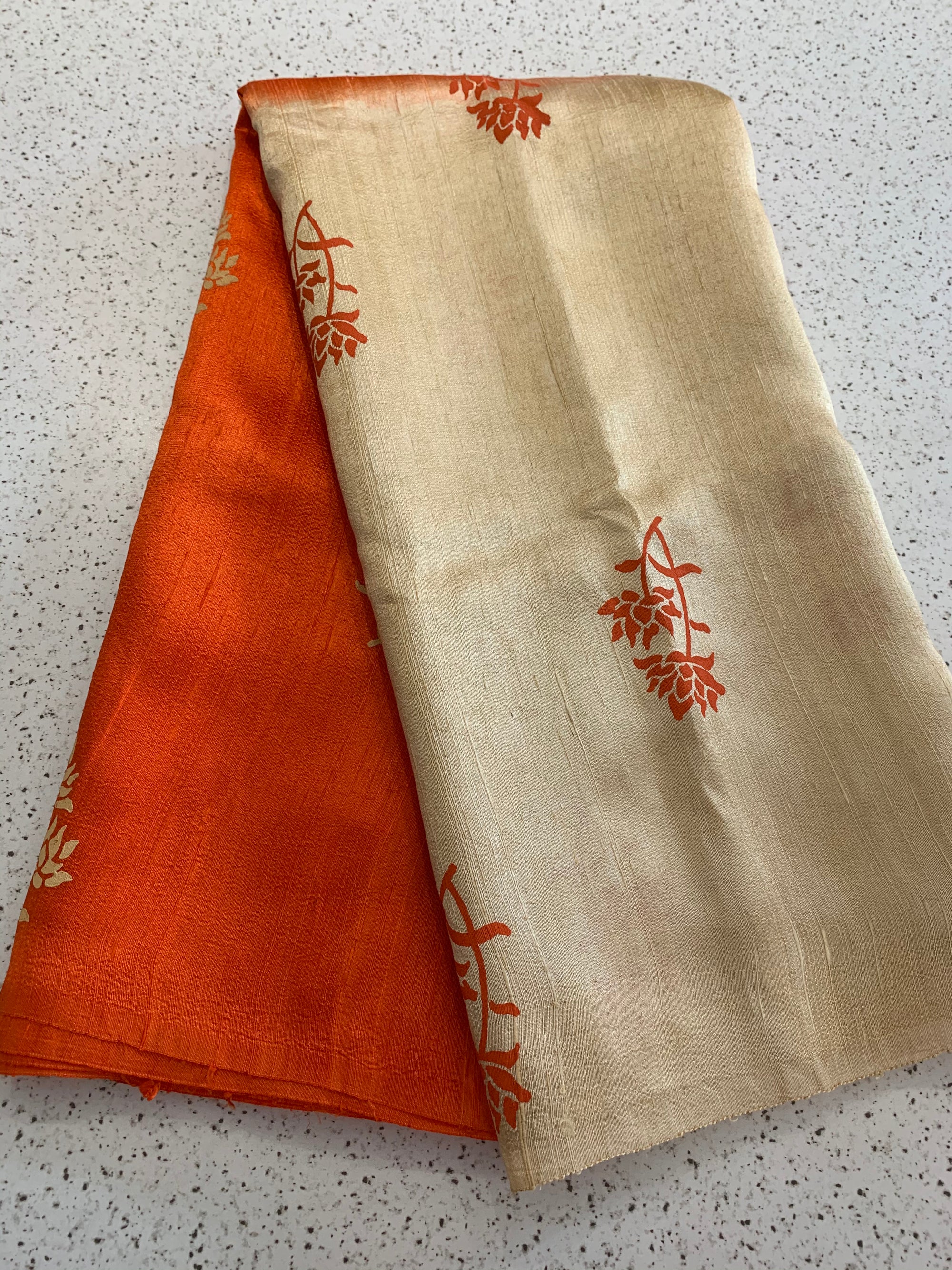 Dupion pure raw silk saree with block print