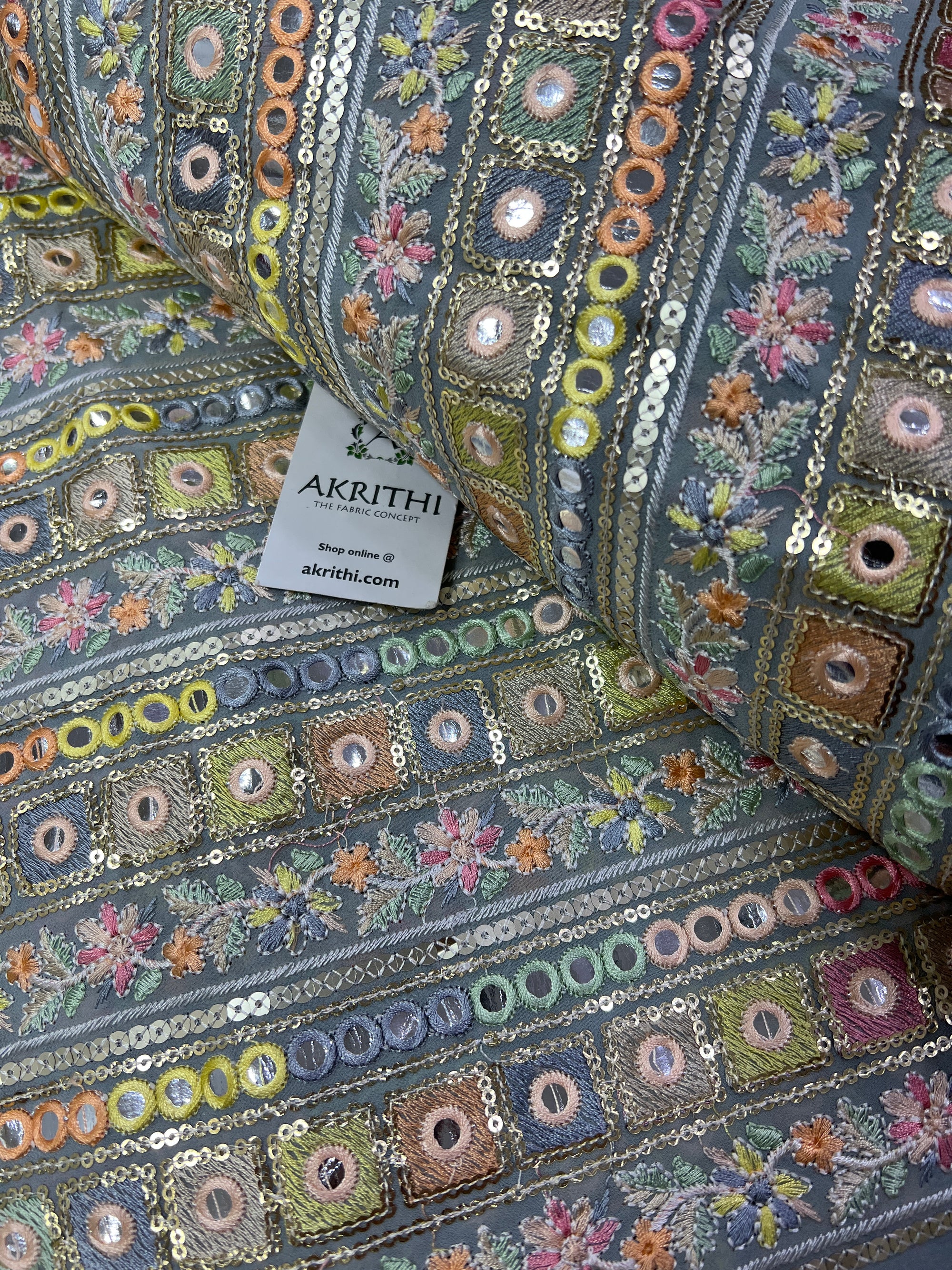 Mirror Embroidery on silver grey Georgette fabric