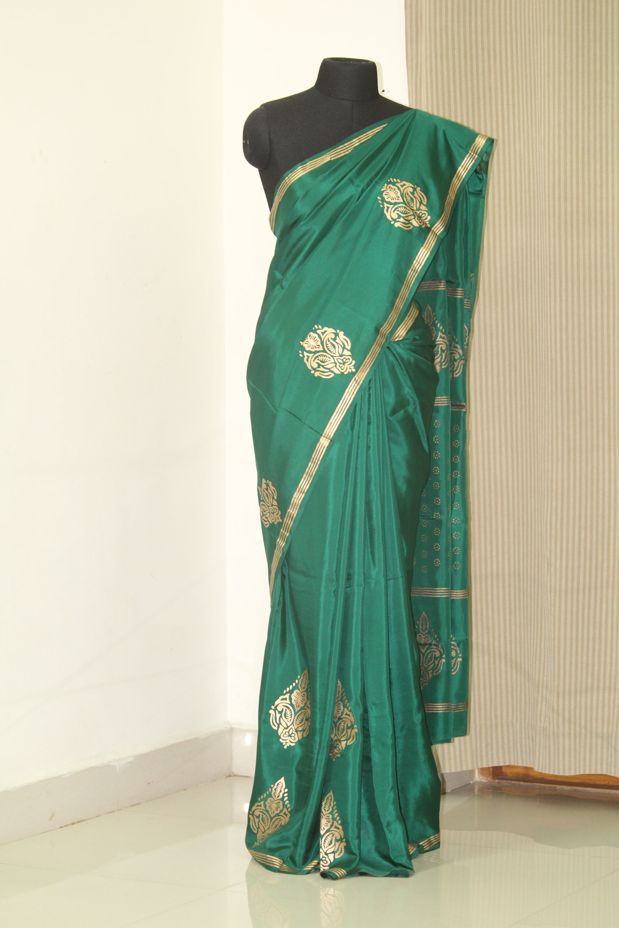 Block printed pure habutai silk saree