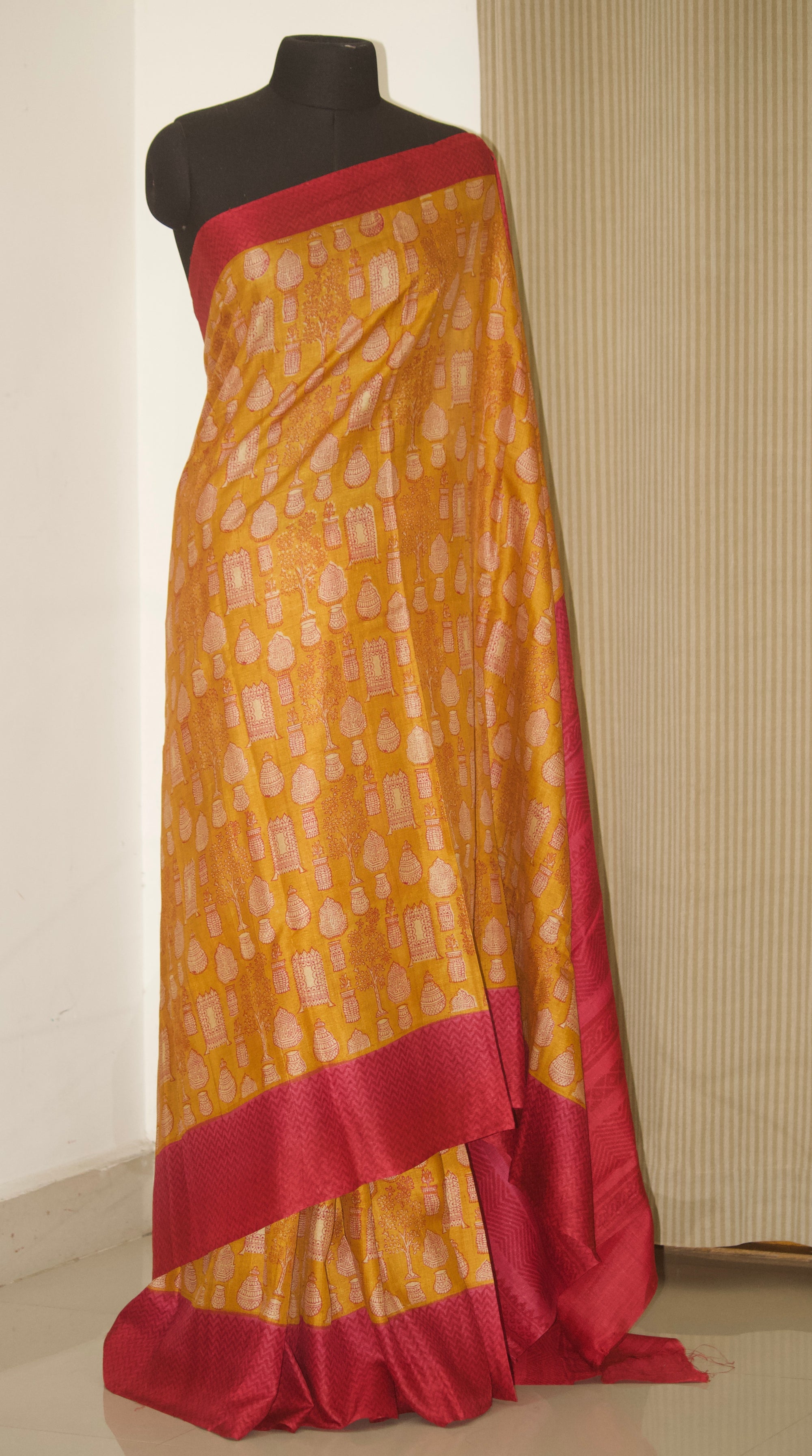 Handloom block printed Pure tussar silk saree