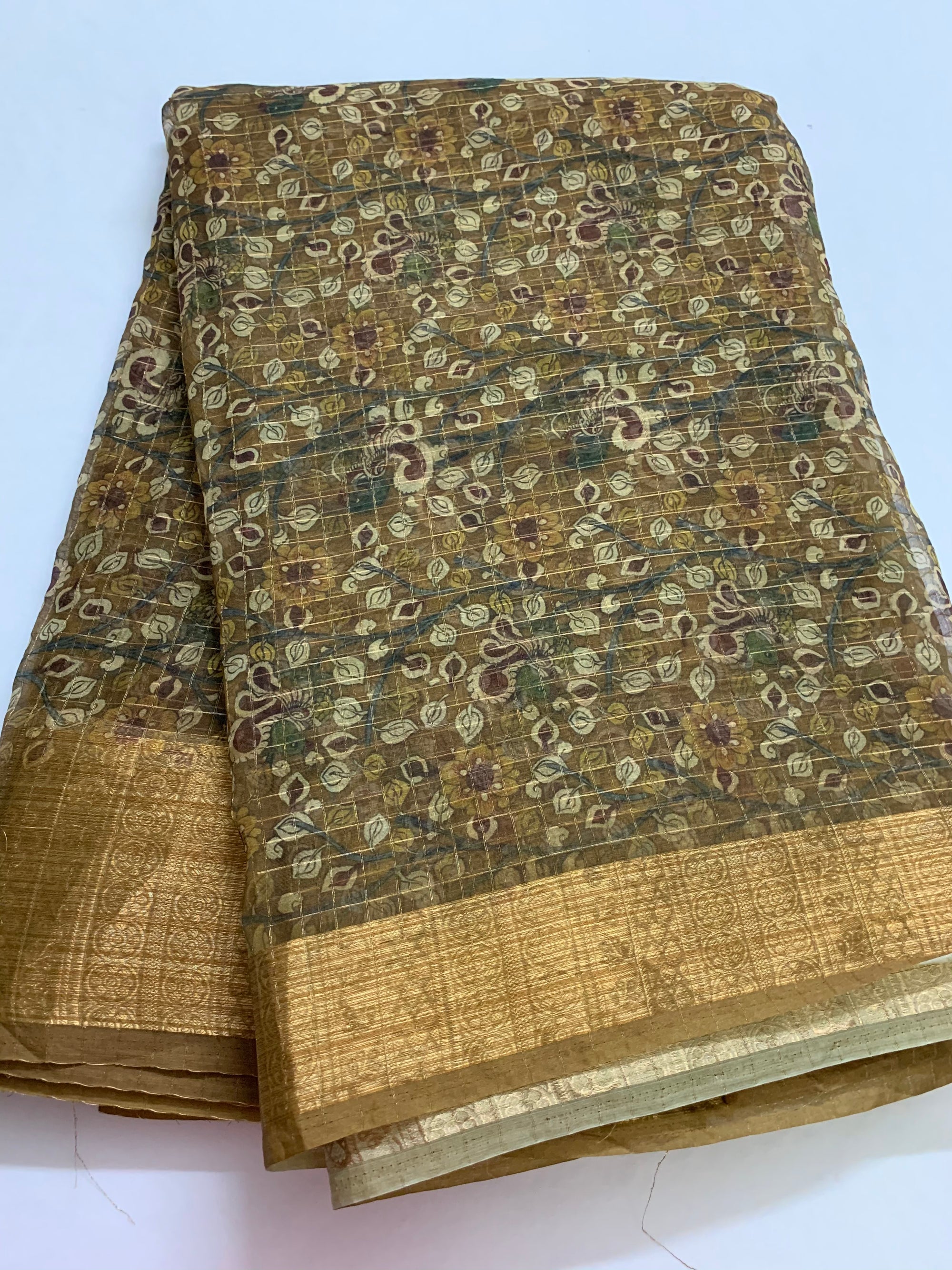 Printed organza with border and zari checks