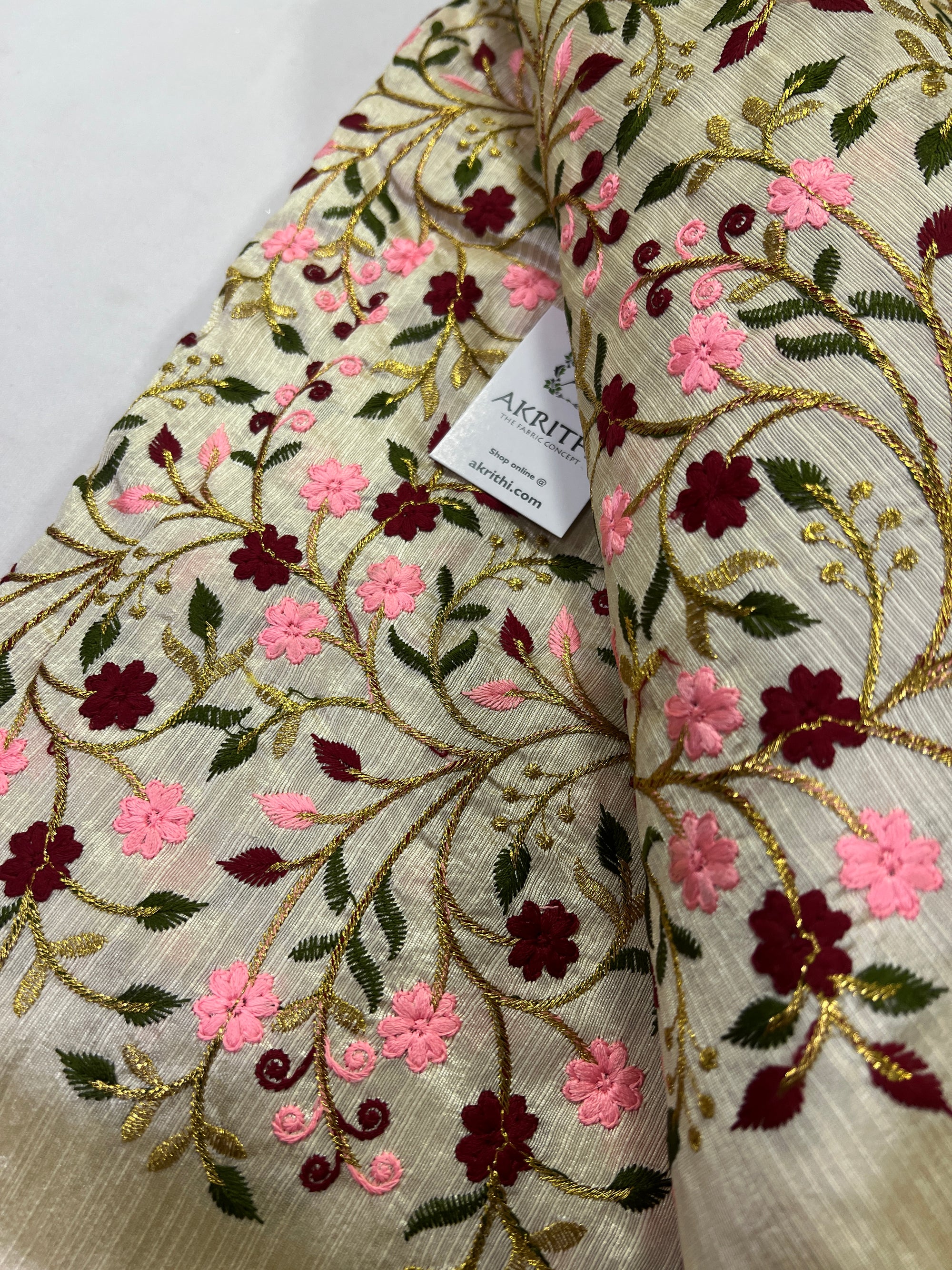 Embroidery on raw silk fabric