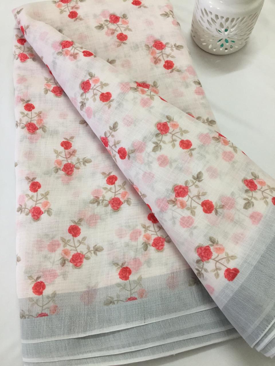 Printed Linen fabric with zari border