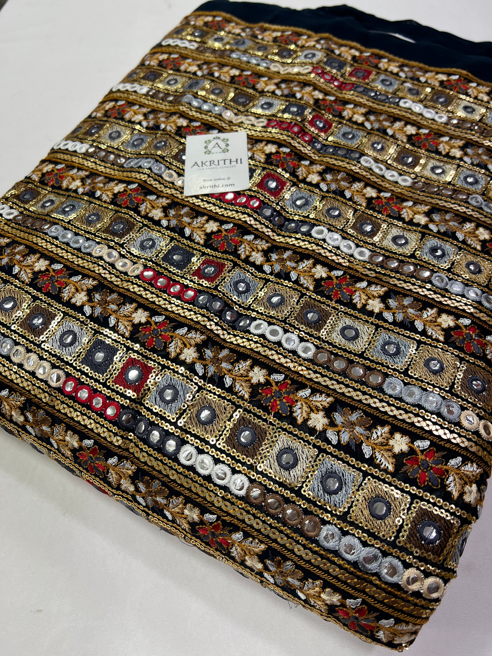 Mirror Embroidery on navy blue Georgette fabric