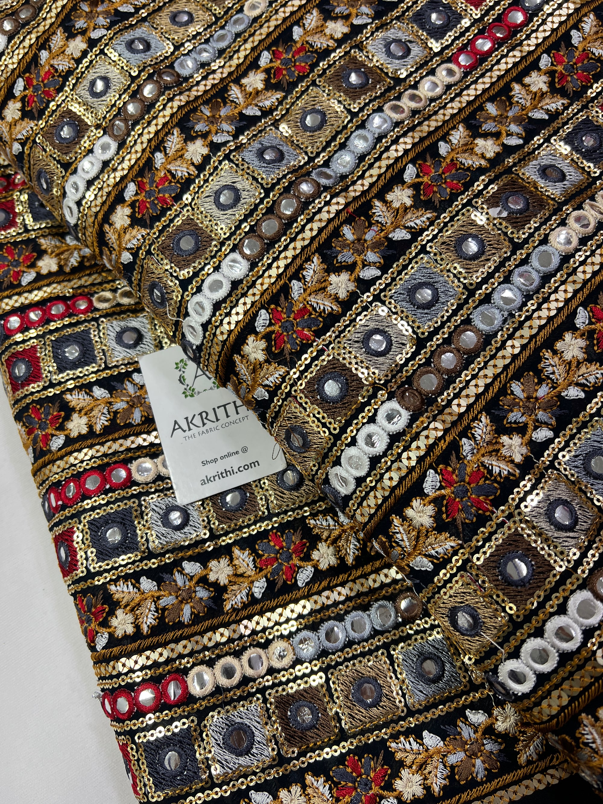 Mirror Embroidery on navy blue Georgette fabric