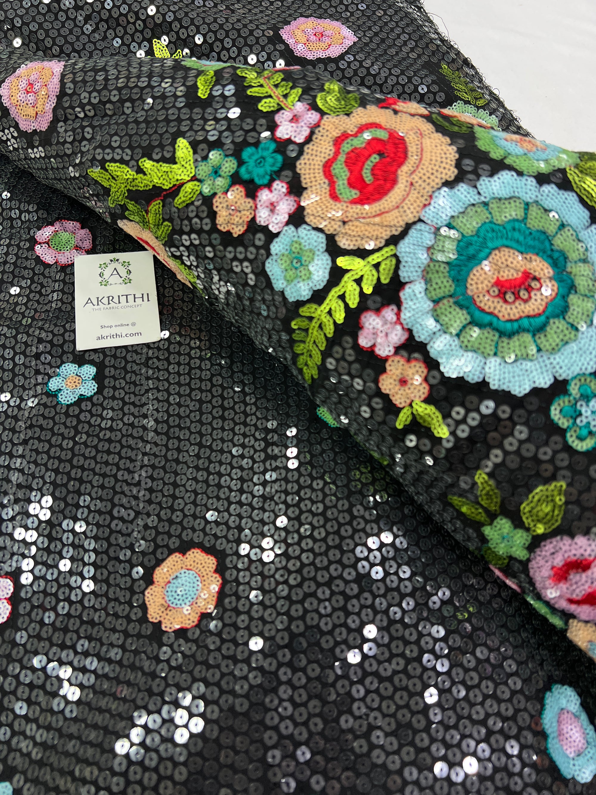Multi colour sequin Embroidery on black Georgette fabric