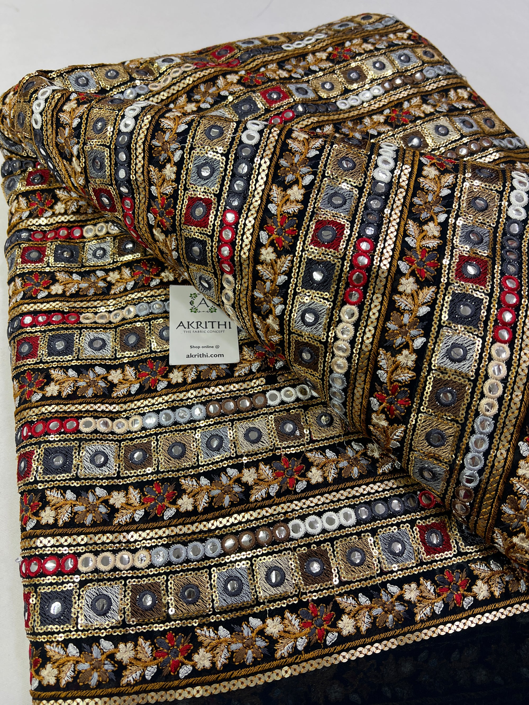 Mirror Embroidery on navy blue Georgette fabric