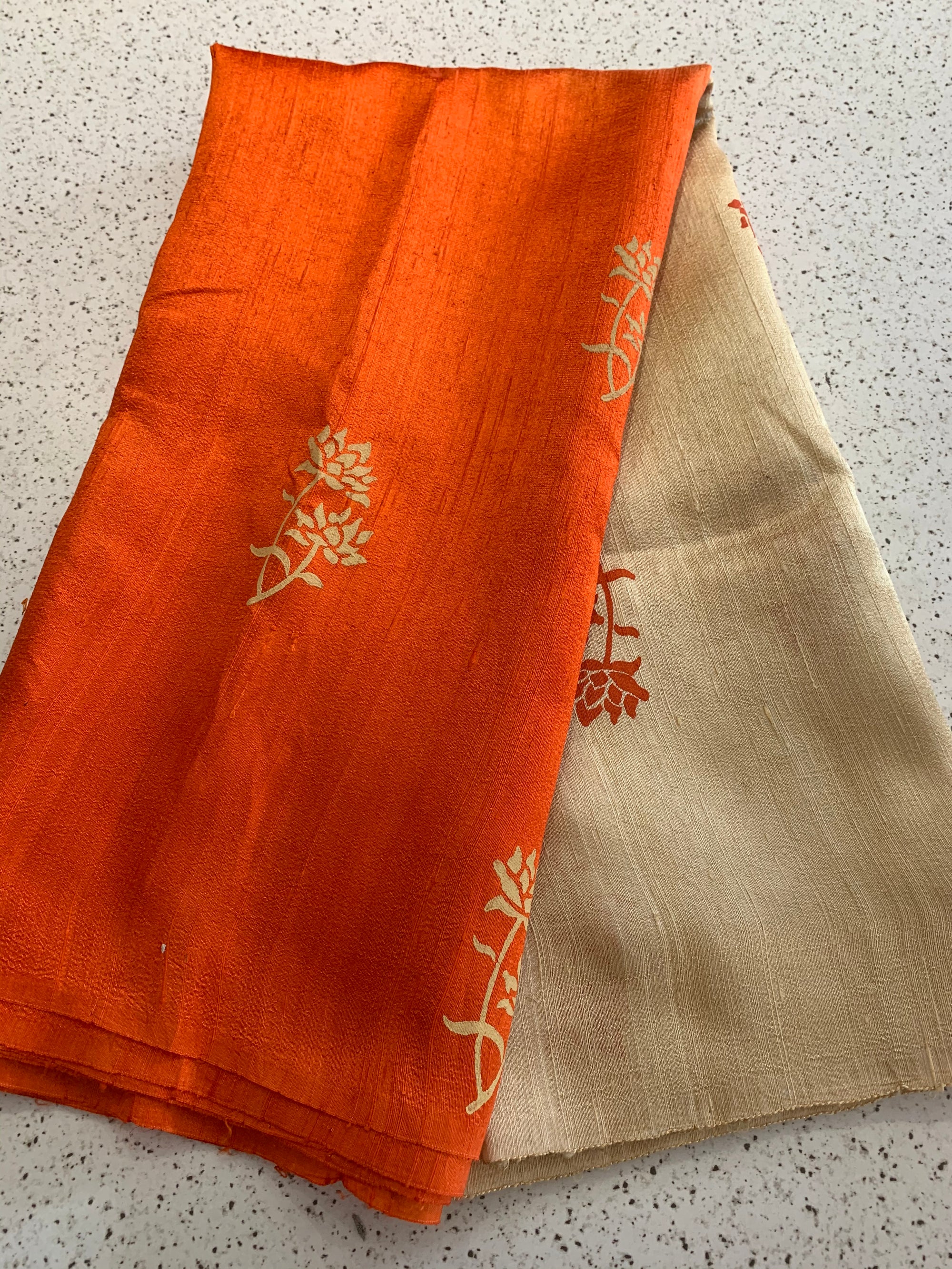 Dupion pure raw silk saree with block print
