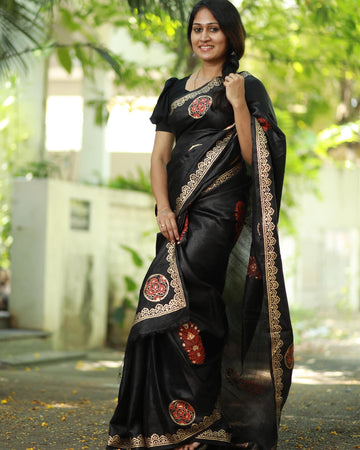 Pure Tussar silk saree with block print