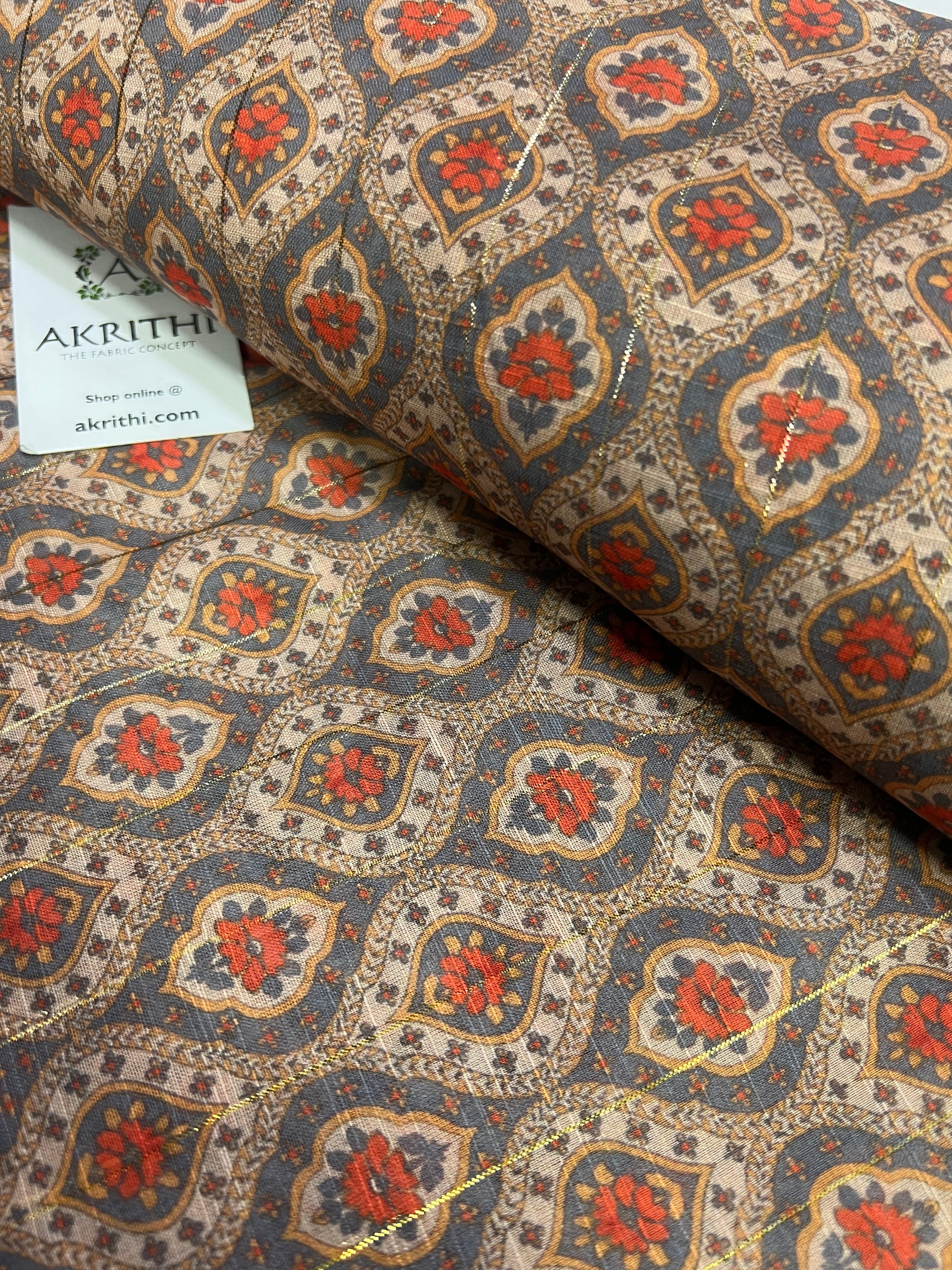 Digital printed munga cotton fabric with Zari lines