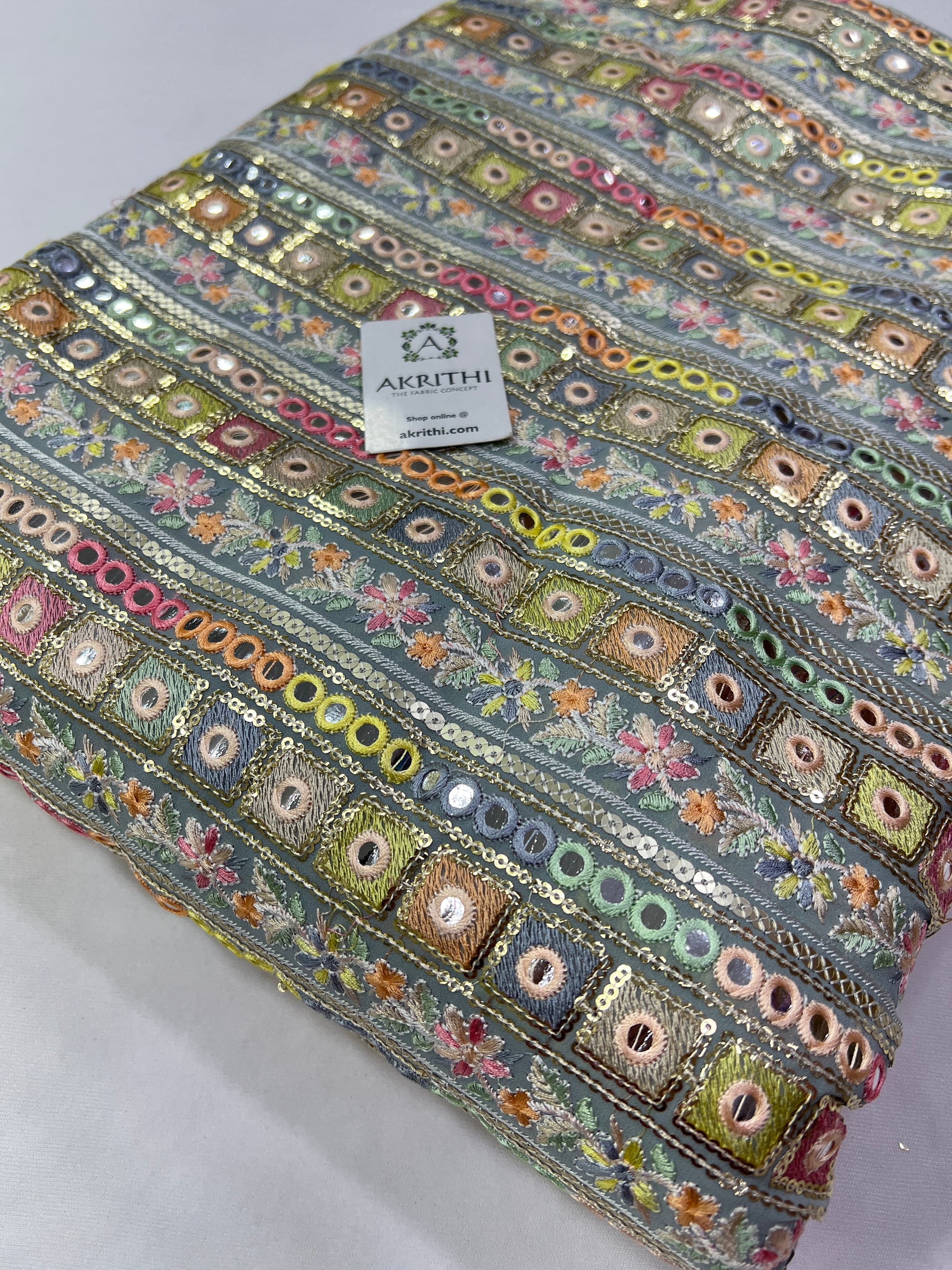 Mirror Embroidery on silver grey Georgette fabric