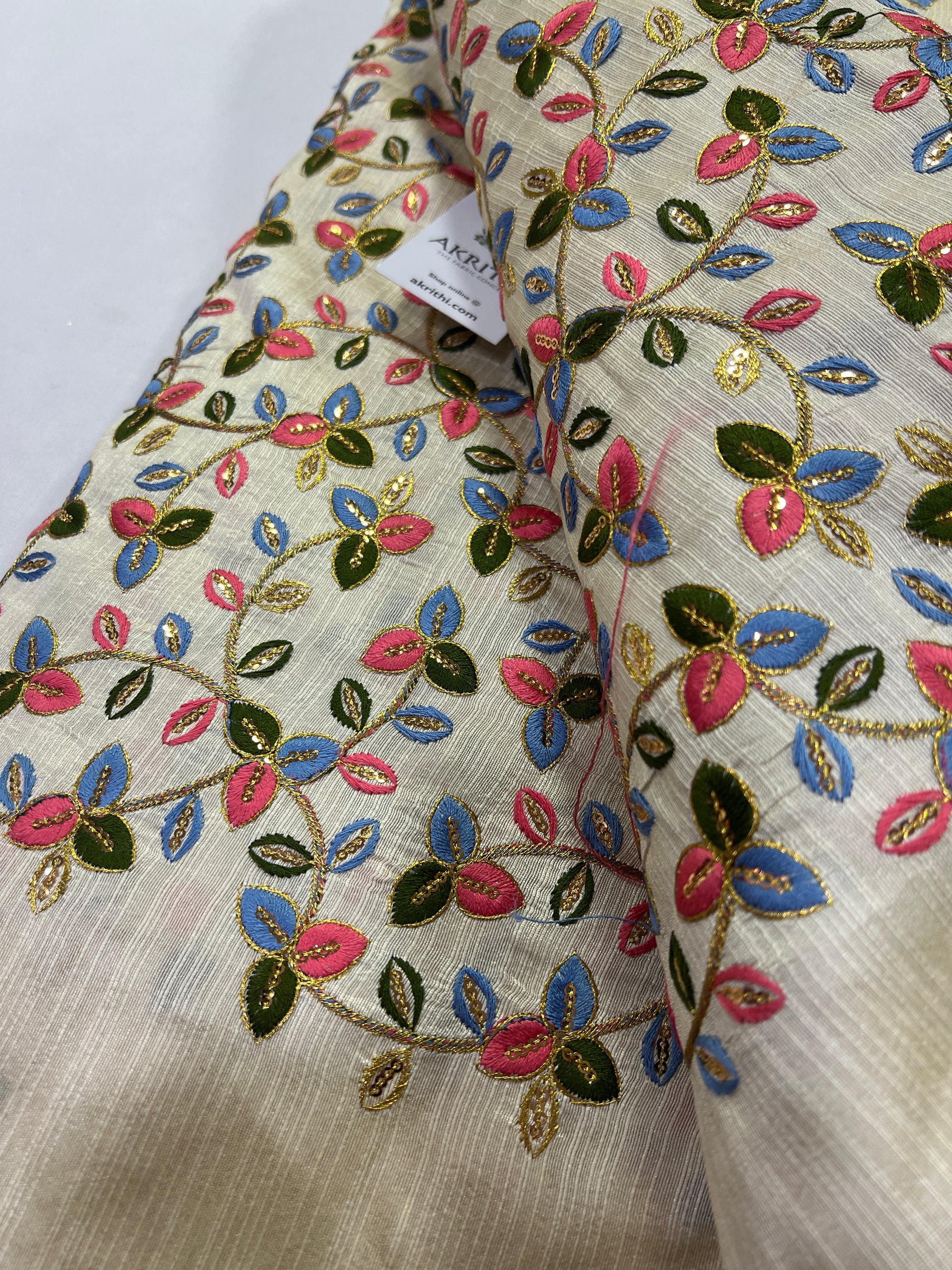 Embroidery on raw silk fabric 60 cms cut