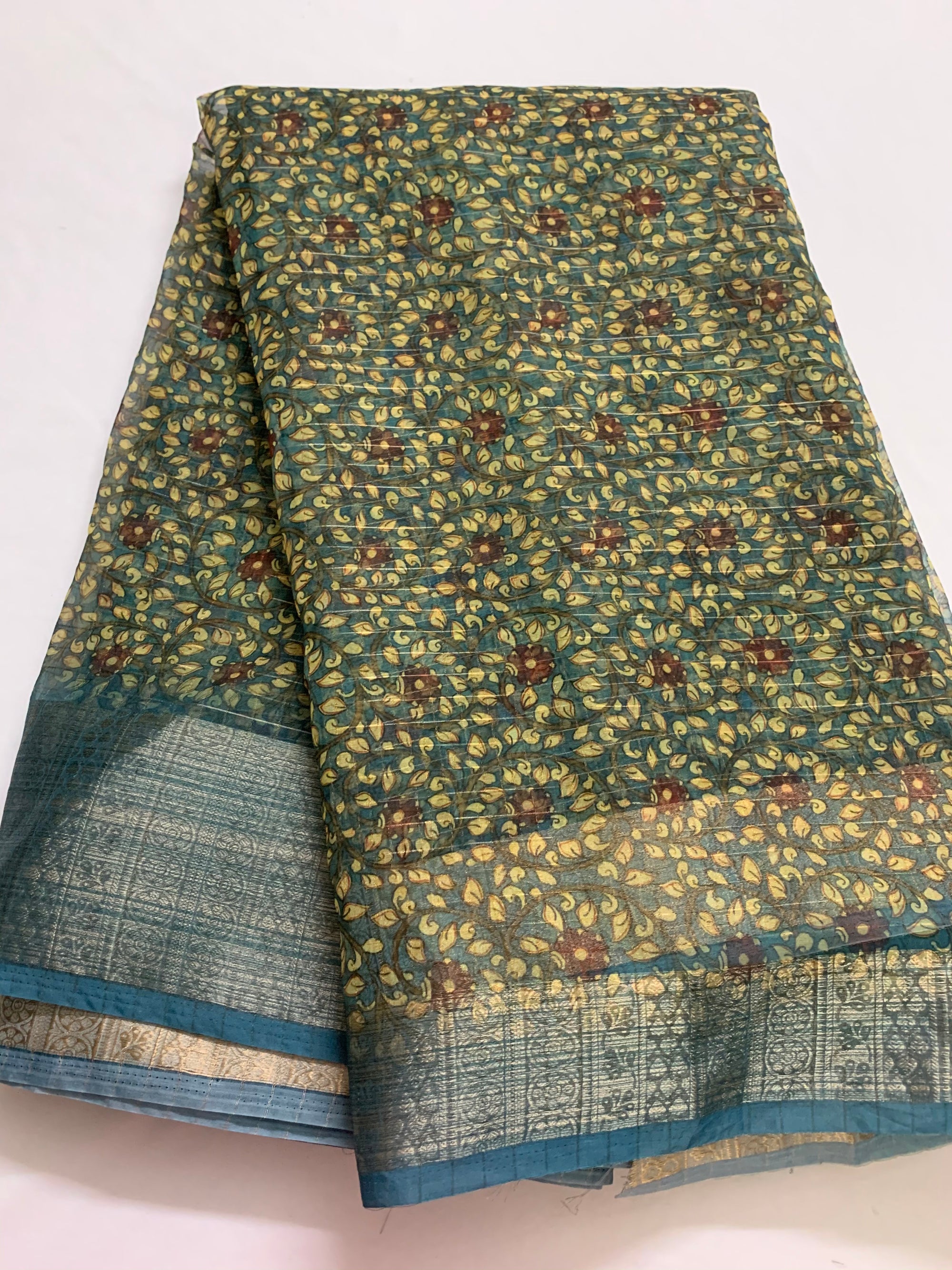Printed organza with border and zari checks