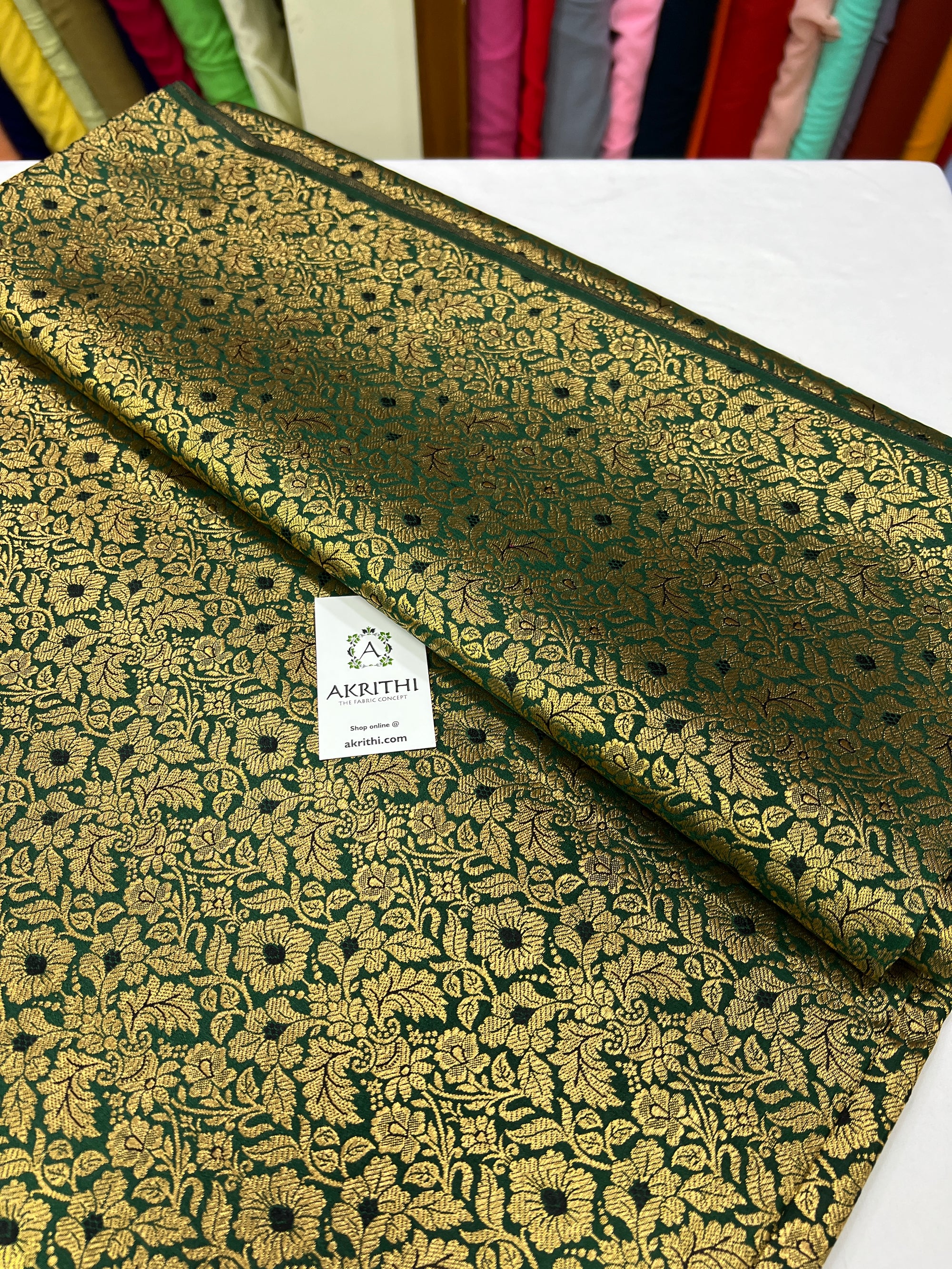 Handloom Banarasi brocade fabric dark green colour