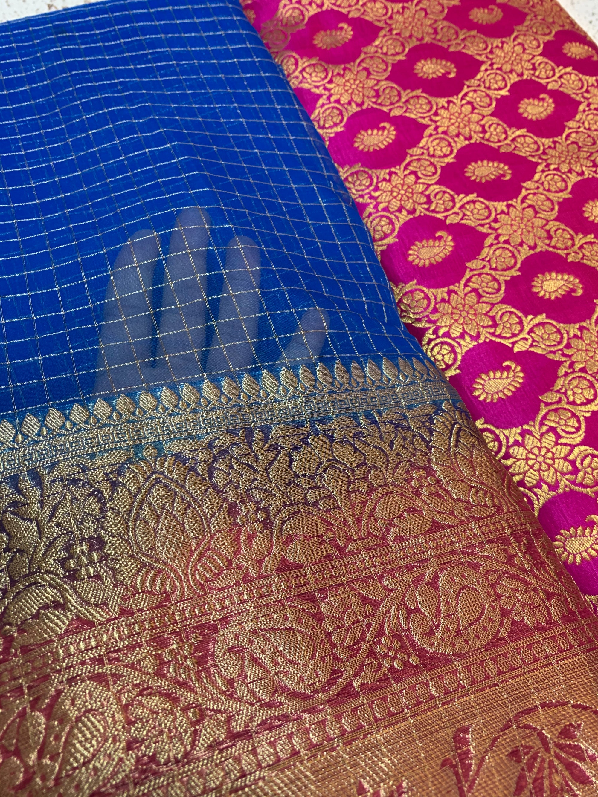 Banarasi fabric with organza checks combo