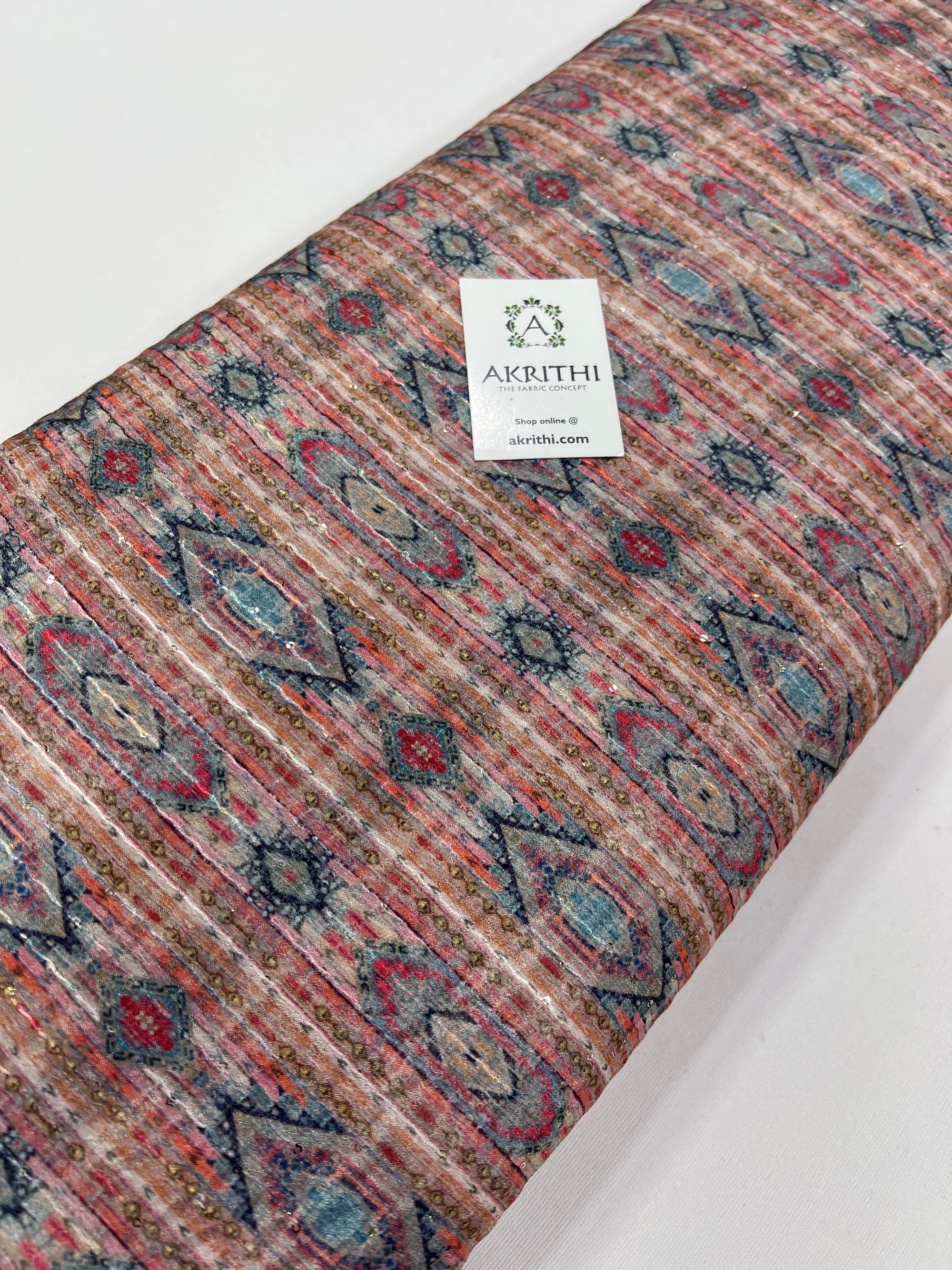 Digital printed chinon fabric with sequins work