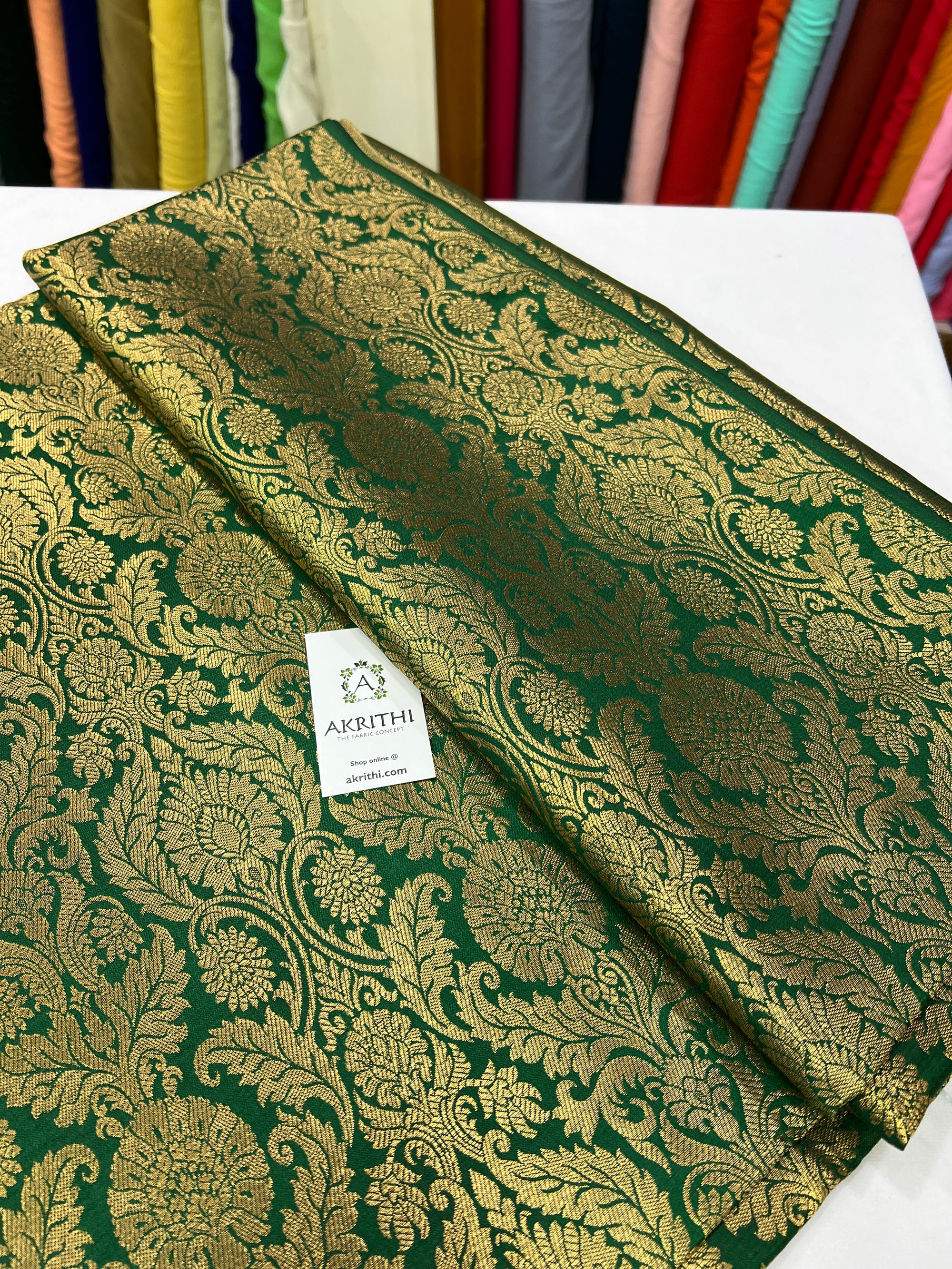 Handloom Banarasi brocade fabric green colour