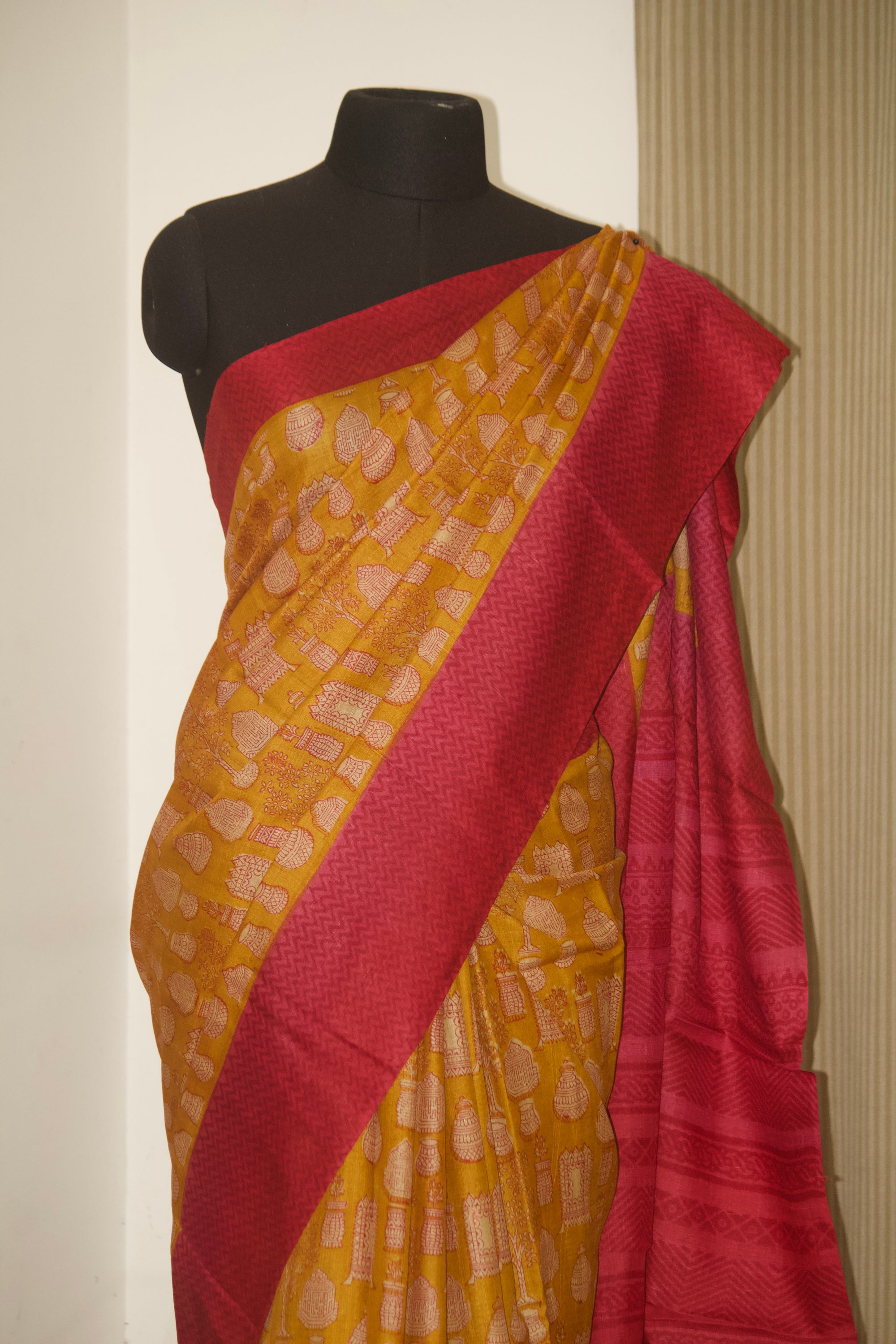 Handloom block printed Pure tussar silk saree