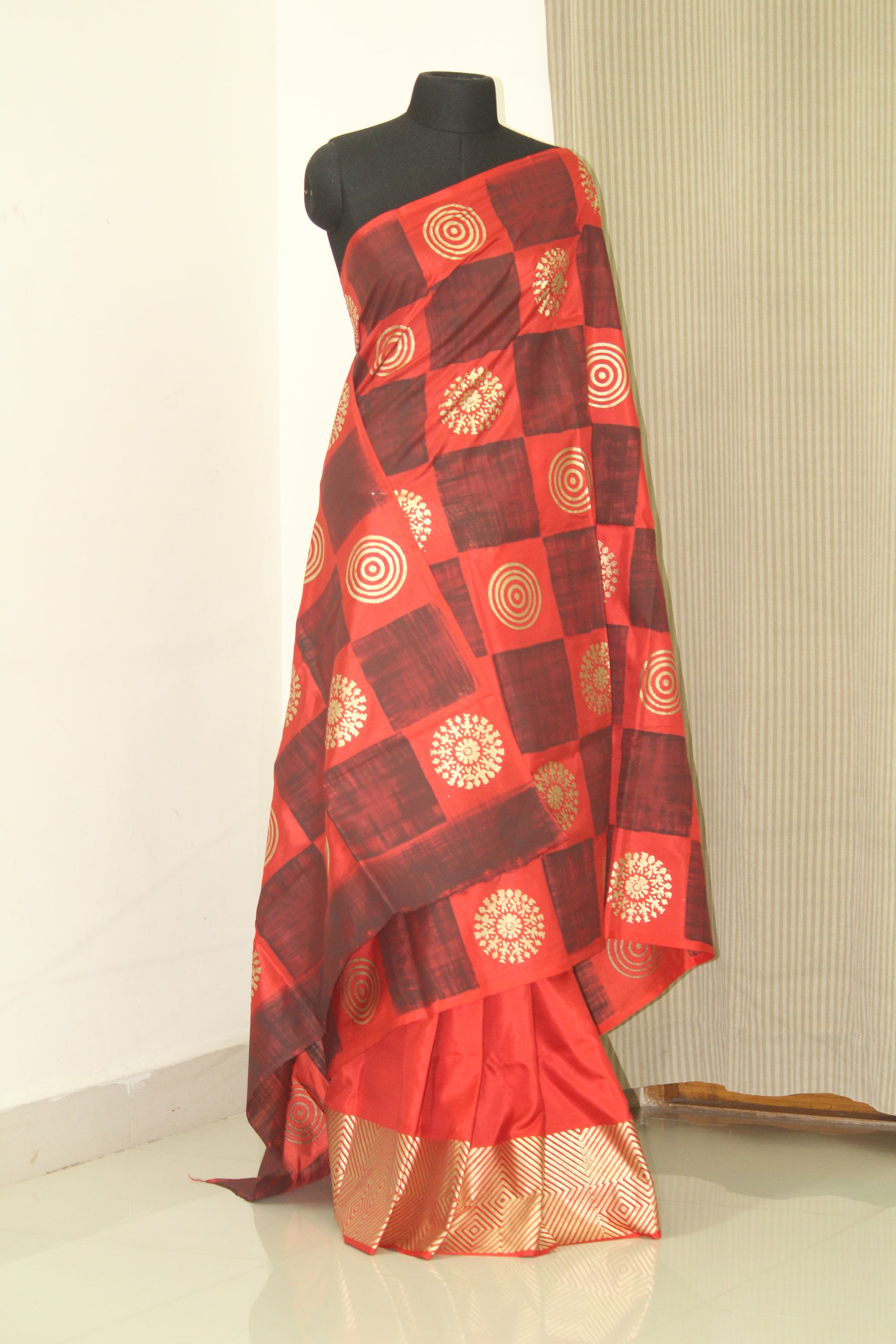Block printed pure silk saree