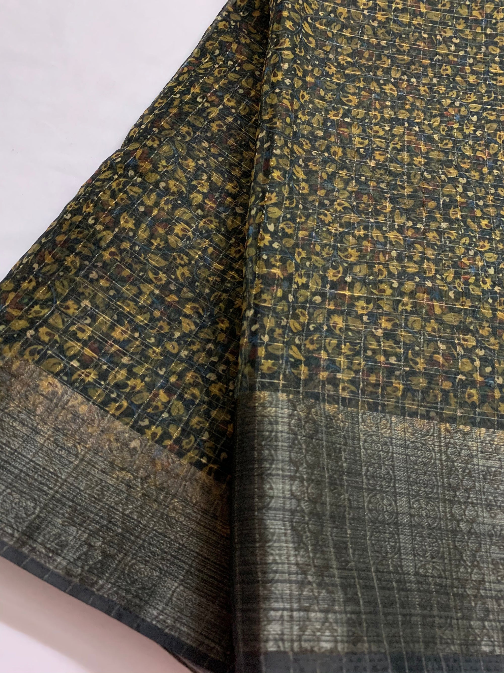 Printed organza with border and zari checks