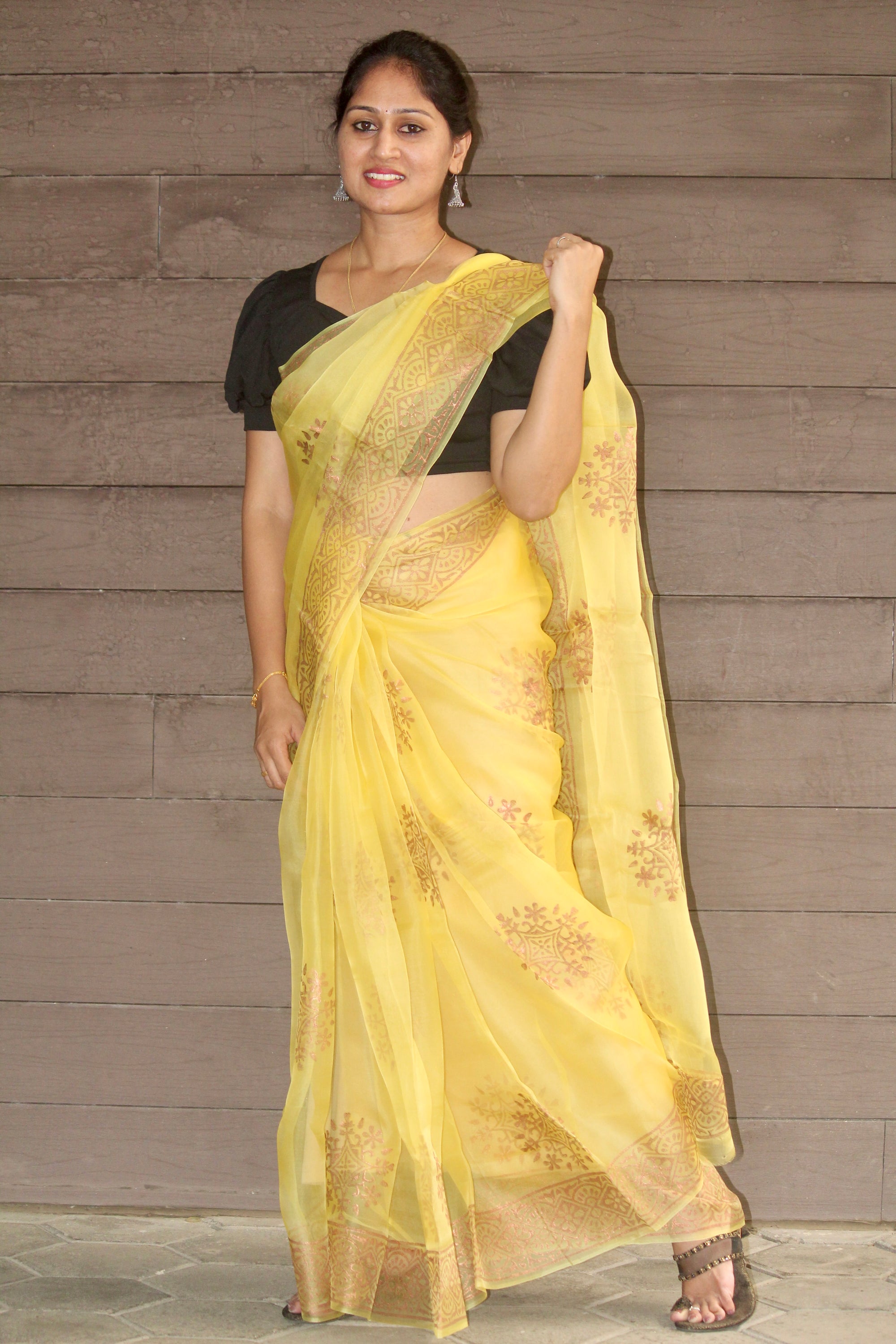 BLOCK PRINTED PURE SILK ORGANZA SAREE