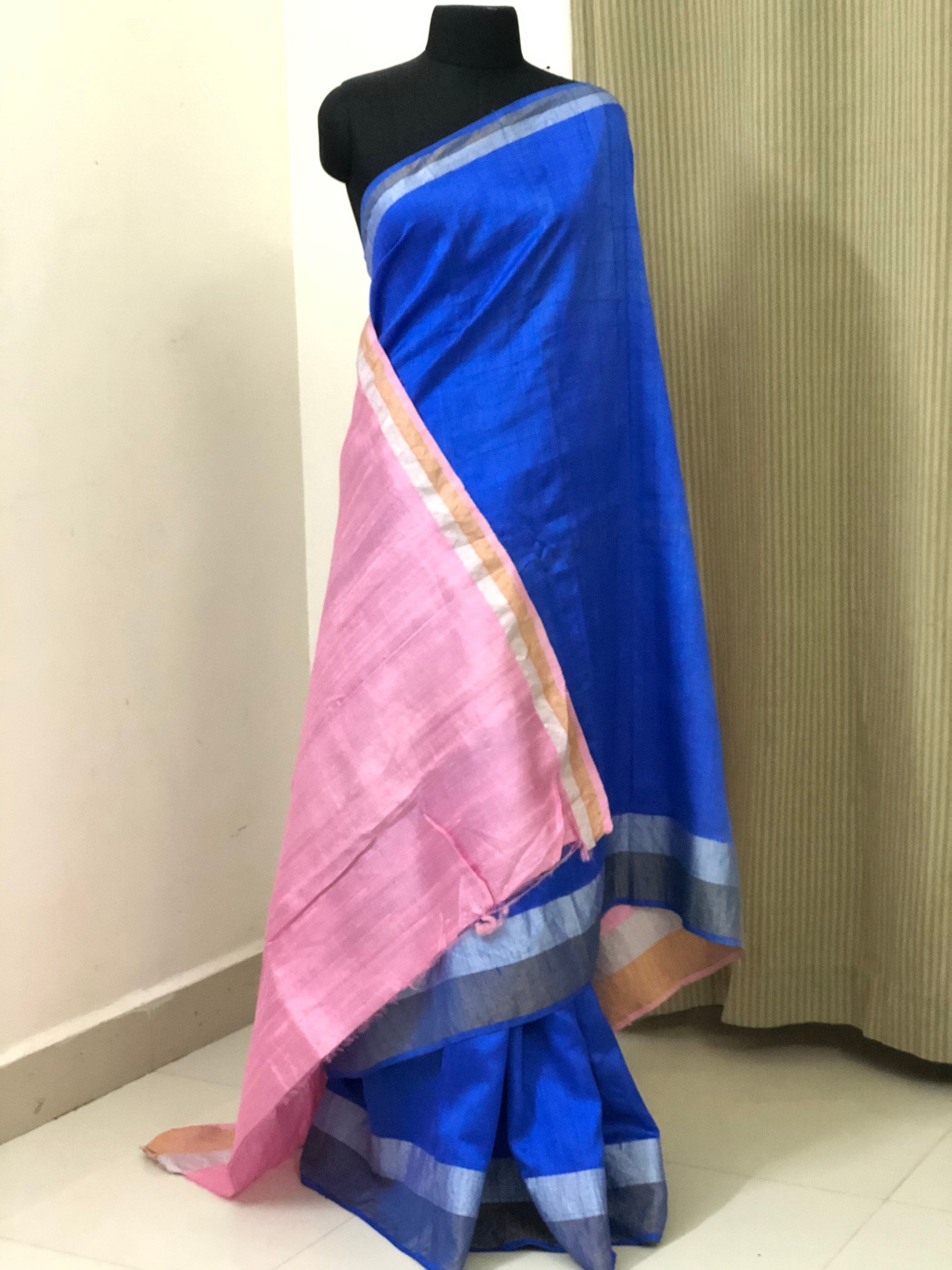 Pure raw silk saree with gold and silver zari border