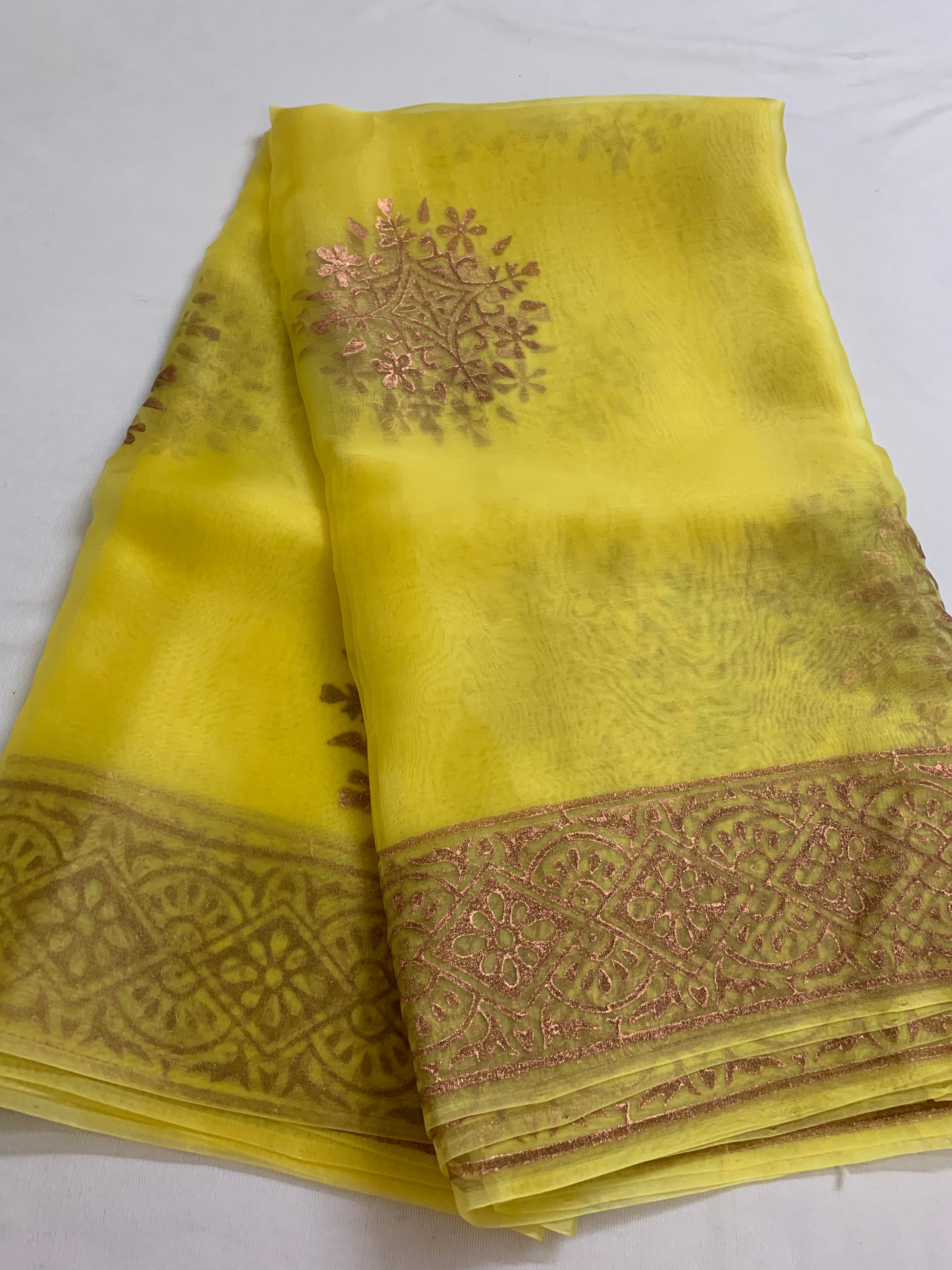 BLOCK PRINTED PURE SILK ORGANZA SAREE