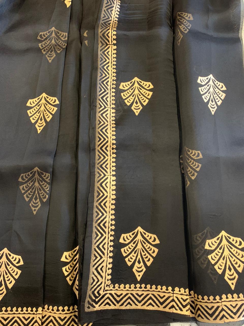 BLOCK PRINTED PURE SILK ORGANZA SAREE