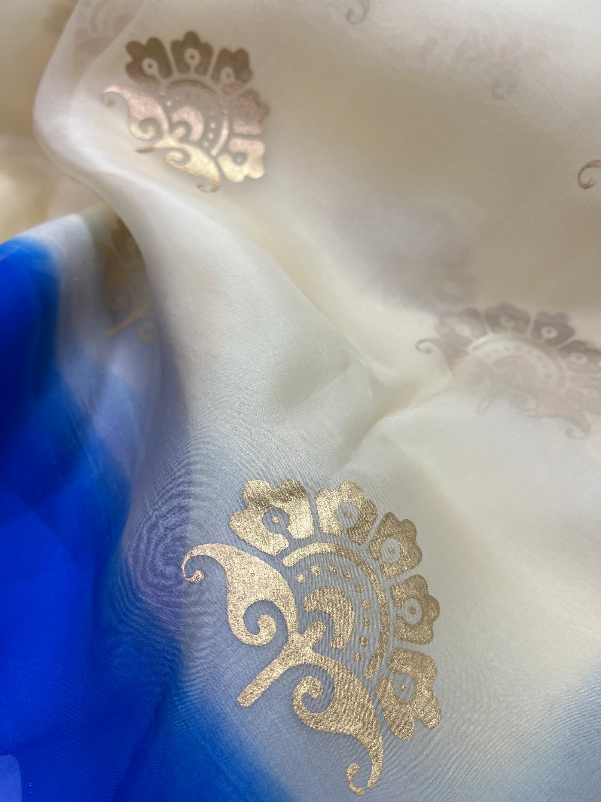 BLOCK PRINTED PURE SILK ORGANZA SAREE
