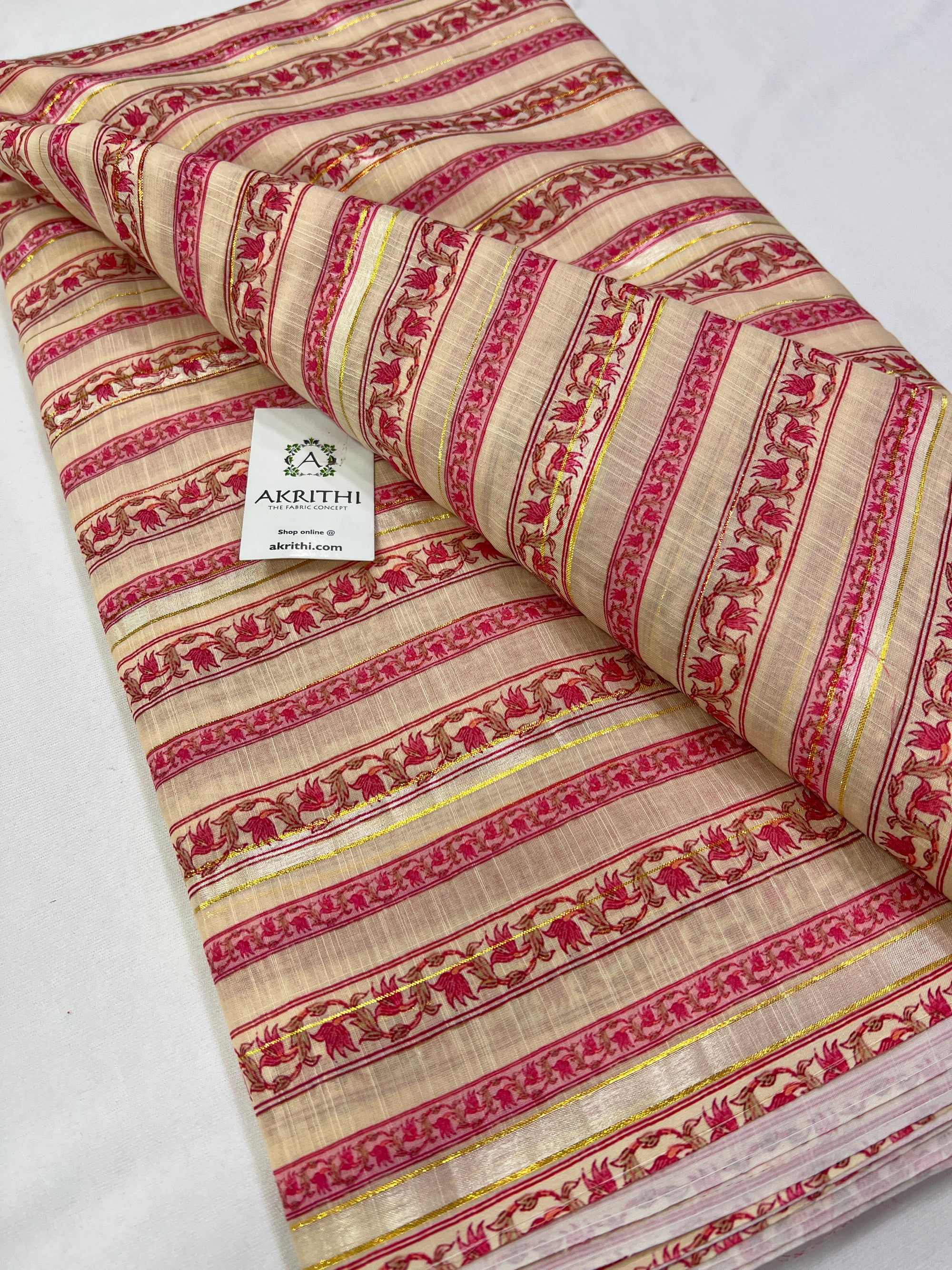 Digital printed munga cotton fabric with Zari lines