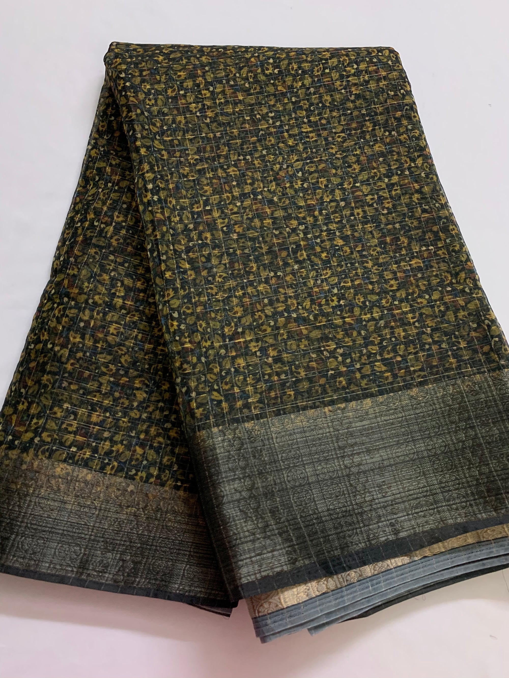 Printed organza with border and zari checks