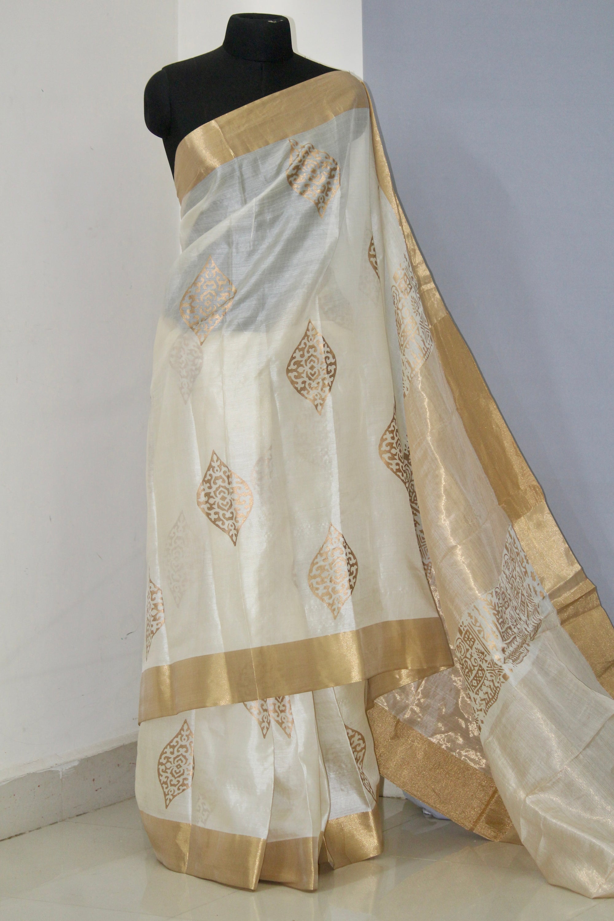 Pure Tussar silk saree with block print