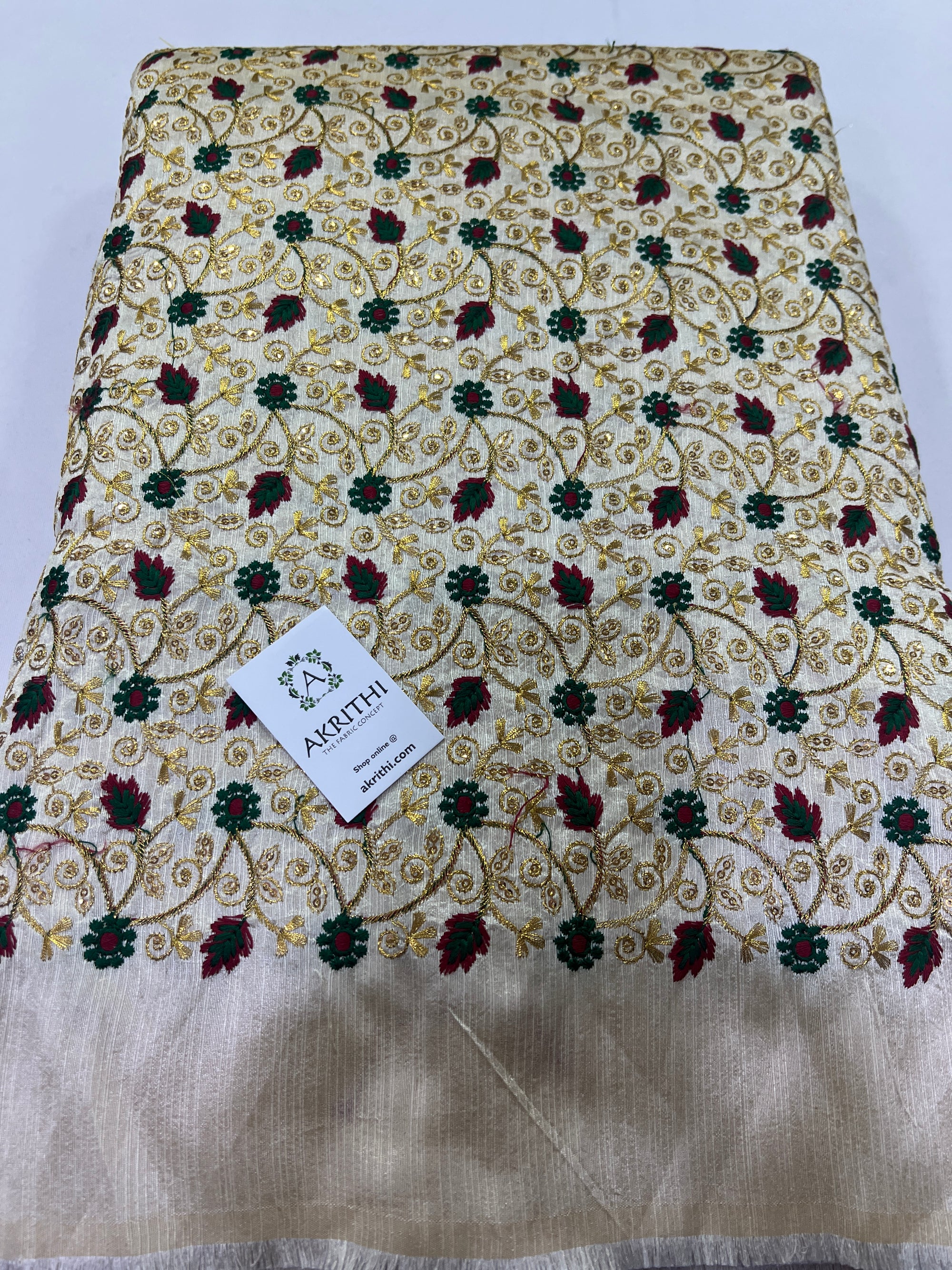 Embroidery on raw silk fabric