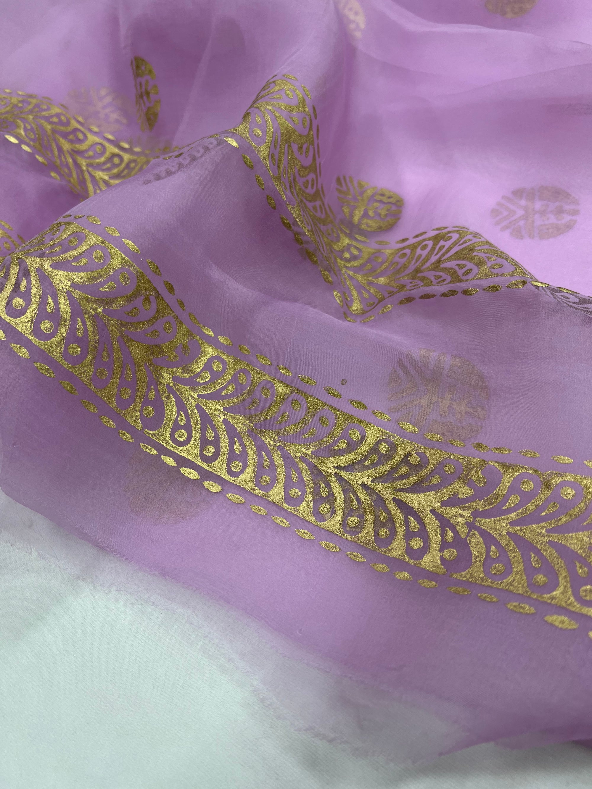 BLOCK PRINTED PURE SILK ORGANZA SAREE