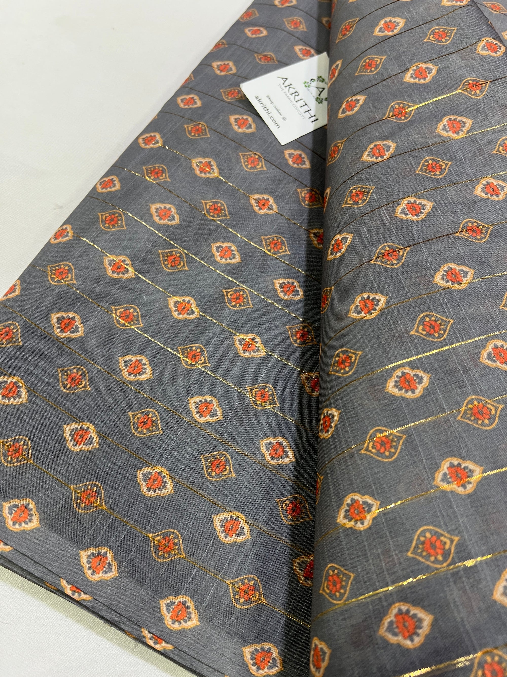 Digital printed munga cotton fabric with Zari lines
