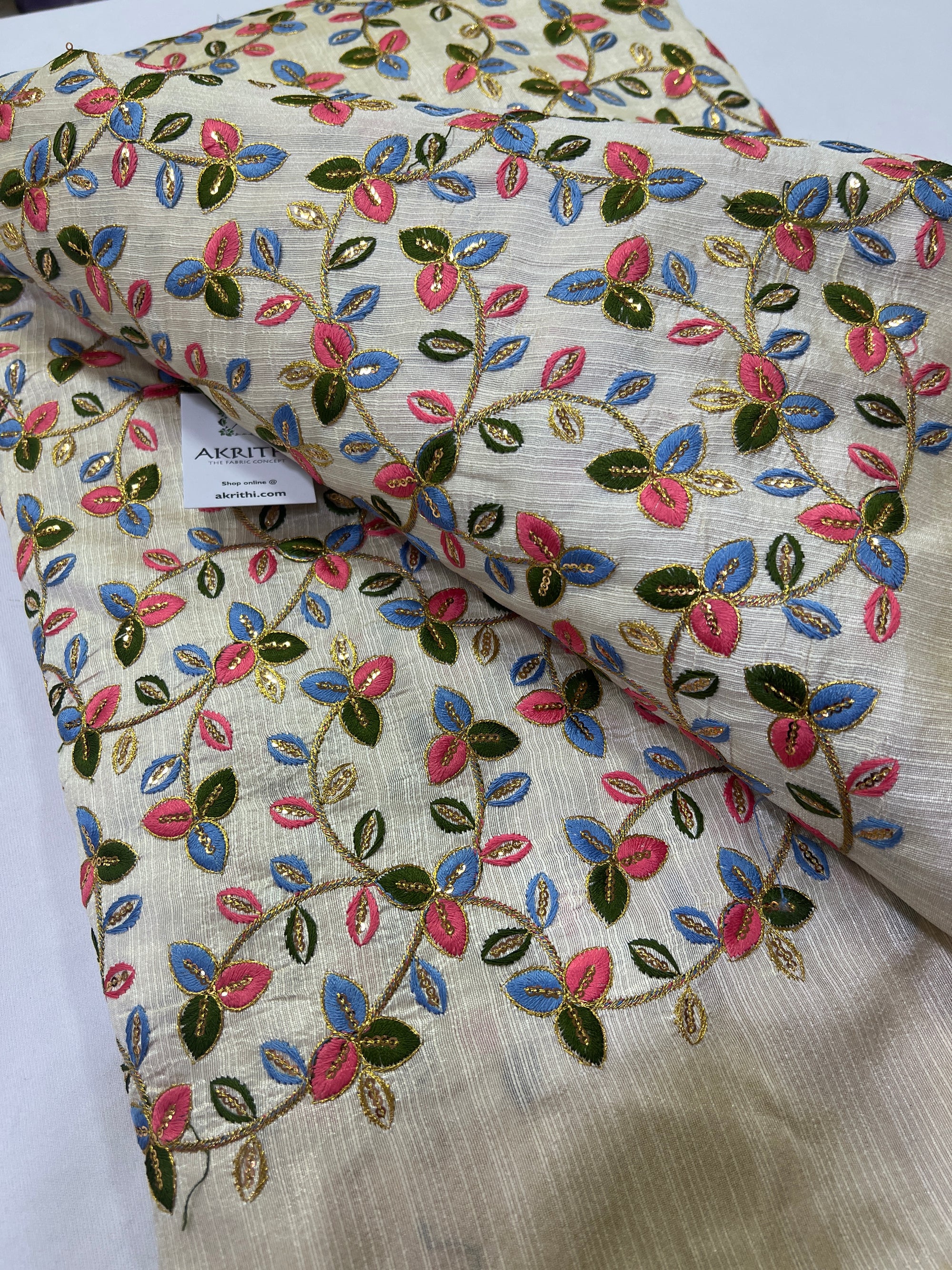 Embroidery on raw silk fabric 60 cms cut